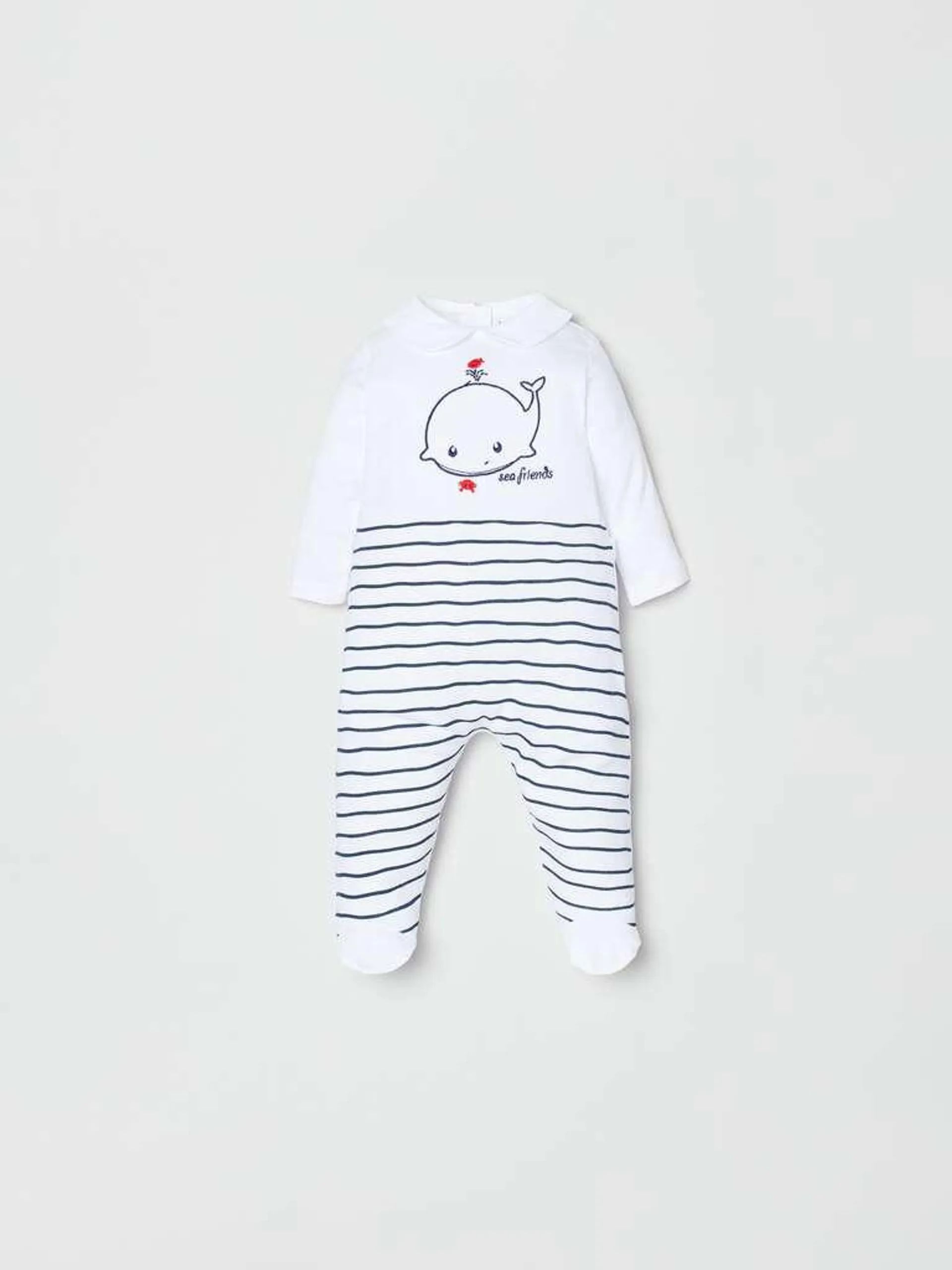 Onesie with feet and embroidered whale Bleu/blanc