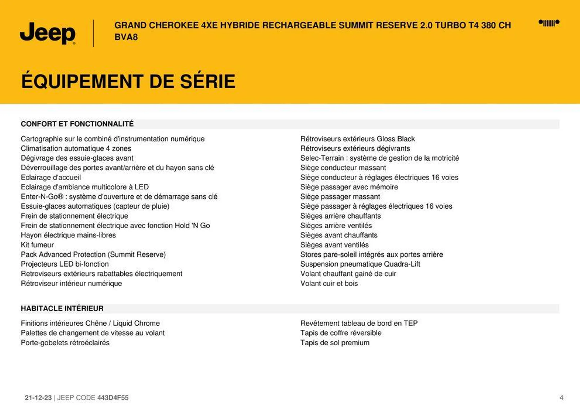 GRAND CHEROKEE 4XE HYBRIDE RECHARGEABLE SUMMIT RESERVE 2.0 TURBO T4 380 CH BVA8. du 21 décembre au 31 août 2024 - Catalogue page 4