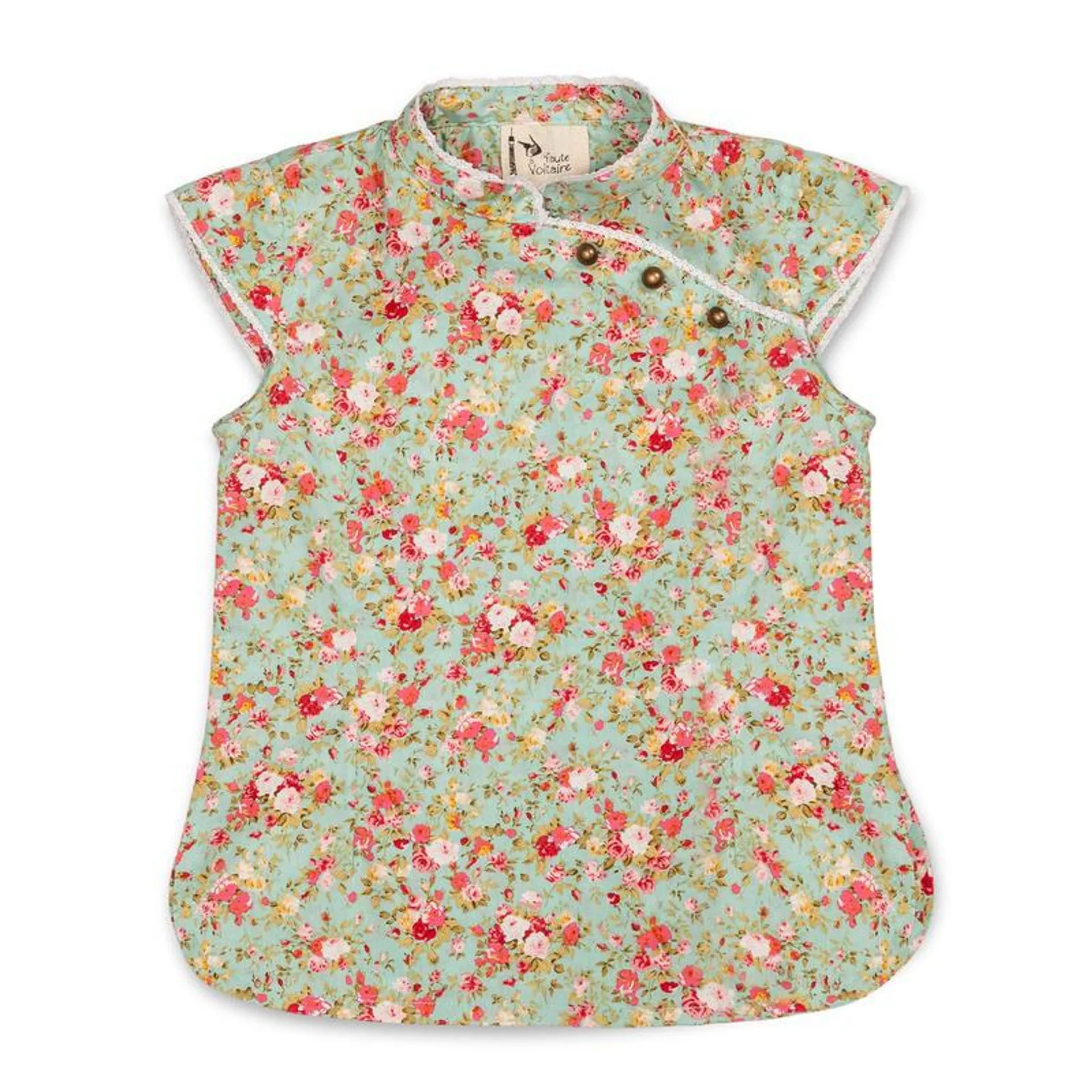 Blouse chinoise à col mao fille fleurie liberty vert Annam, La Faute à Voltaire