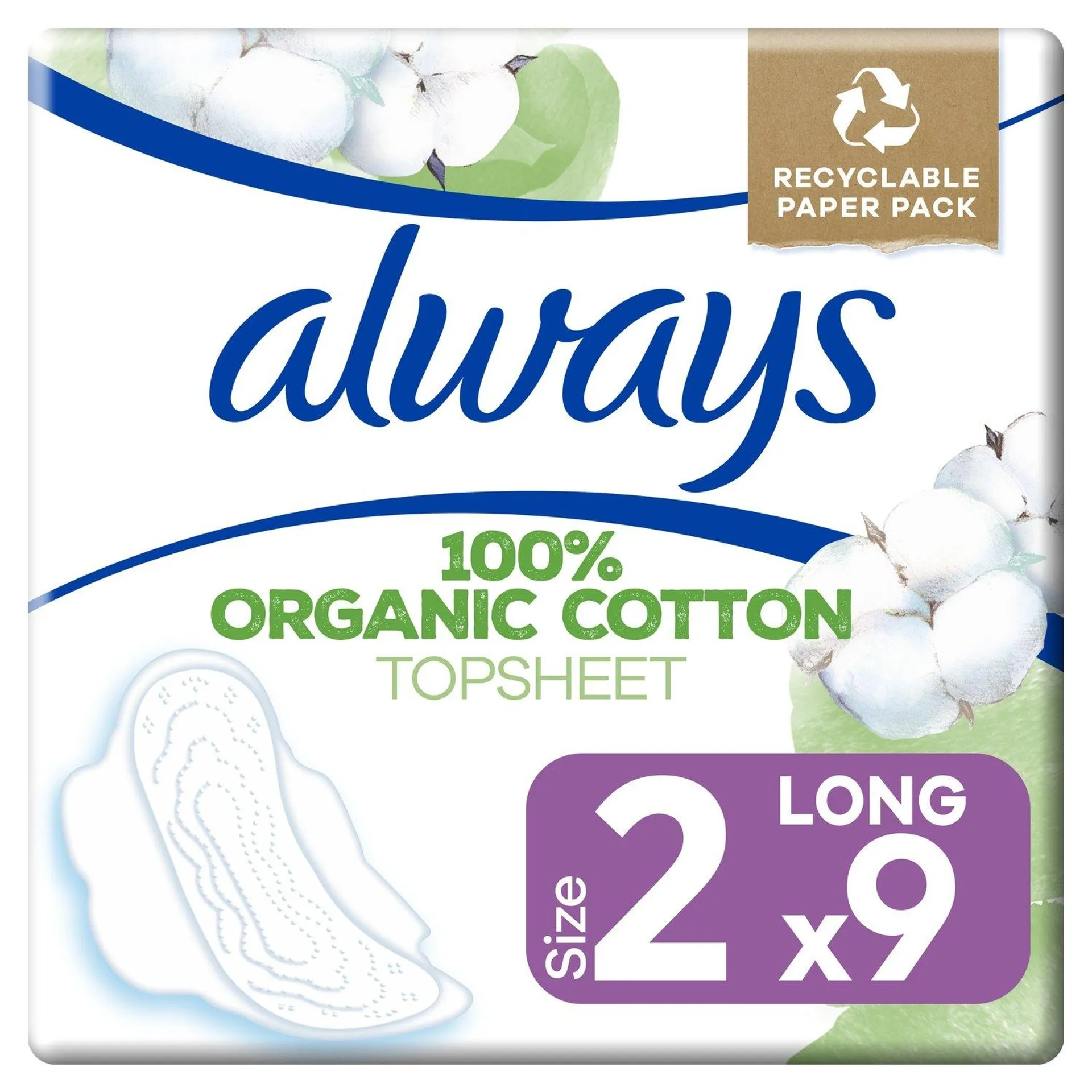 Serviette Hygiénique avec Ailettes Coton Bio Protection Ultra Long Taille 2 ALWAYS