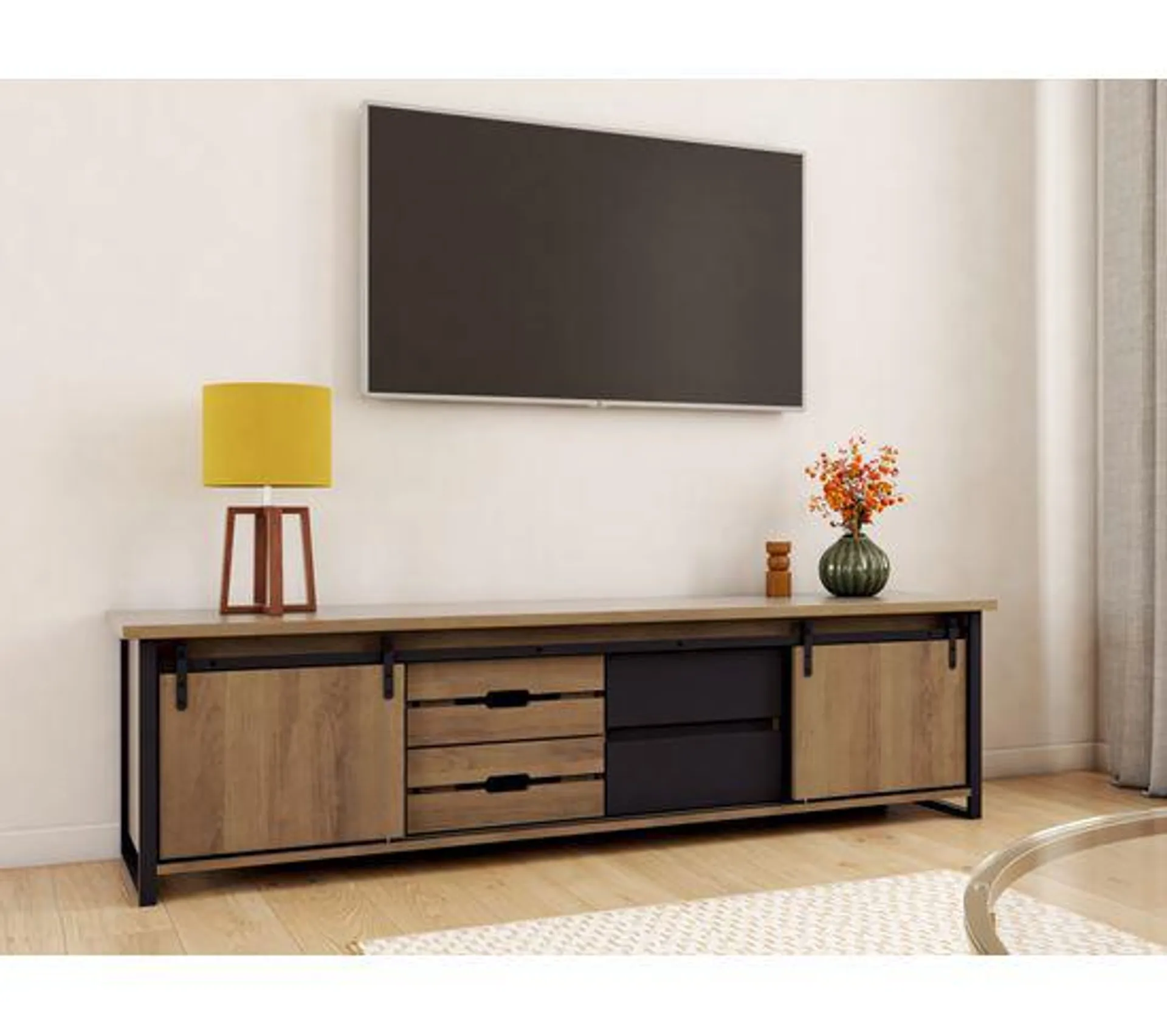 Meuble TV L.190 cm CAISSE imitation chêne et noir