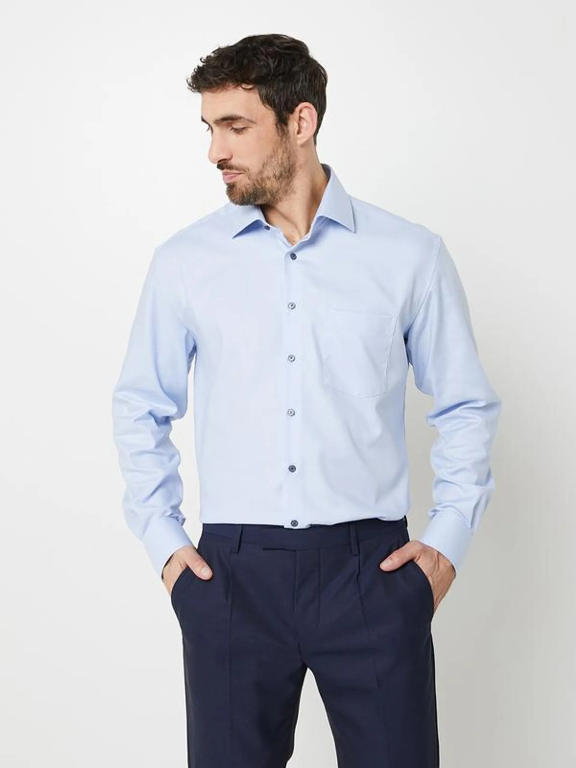 Chemise Manches Longues Modern Fit Tissé De Micro Motifs, Sans Repassage, - Bleu