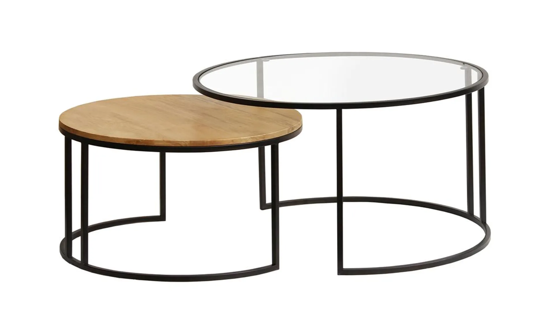 Tables basses gigognes rondes verre trempé, bois manguier massif et métal noir (lot de 2) TAHL