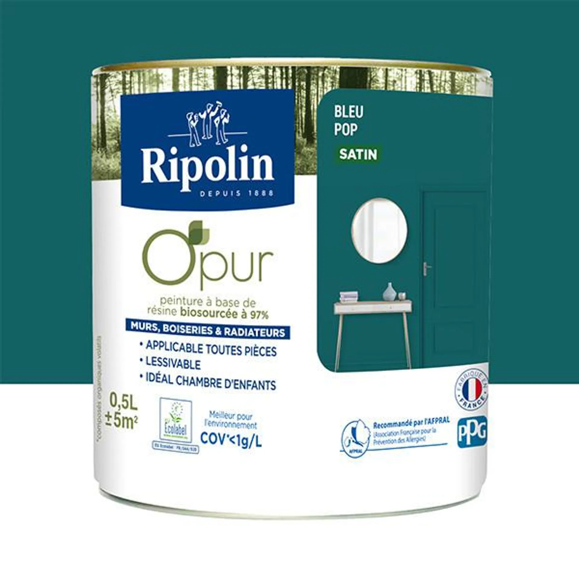 Peinture RIPOLIN Opur bio sourcée multi-supports bleu pop satin 0,5L