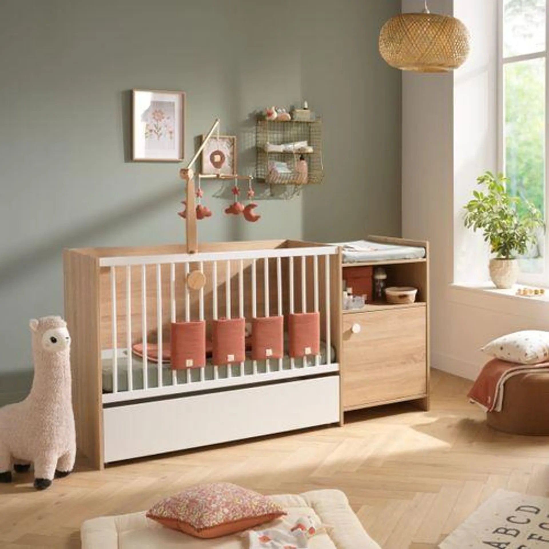 BABY PRICE Lit Bébé Combiné 120x60 Évolutif En 90x190 En Décor Bois Avec Commode à Langer 1 Porte