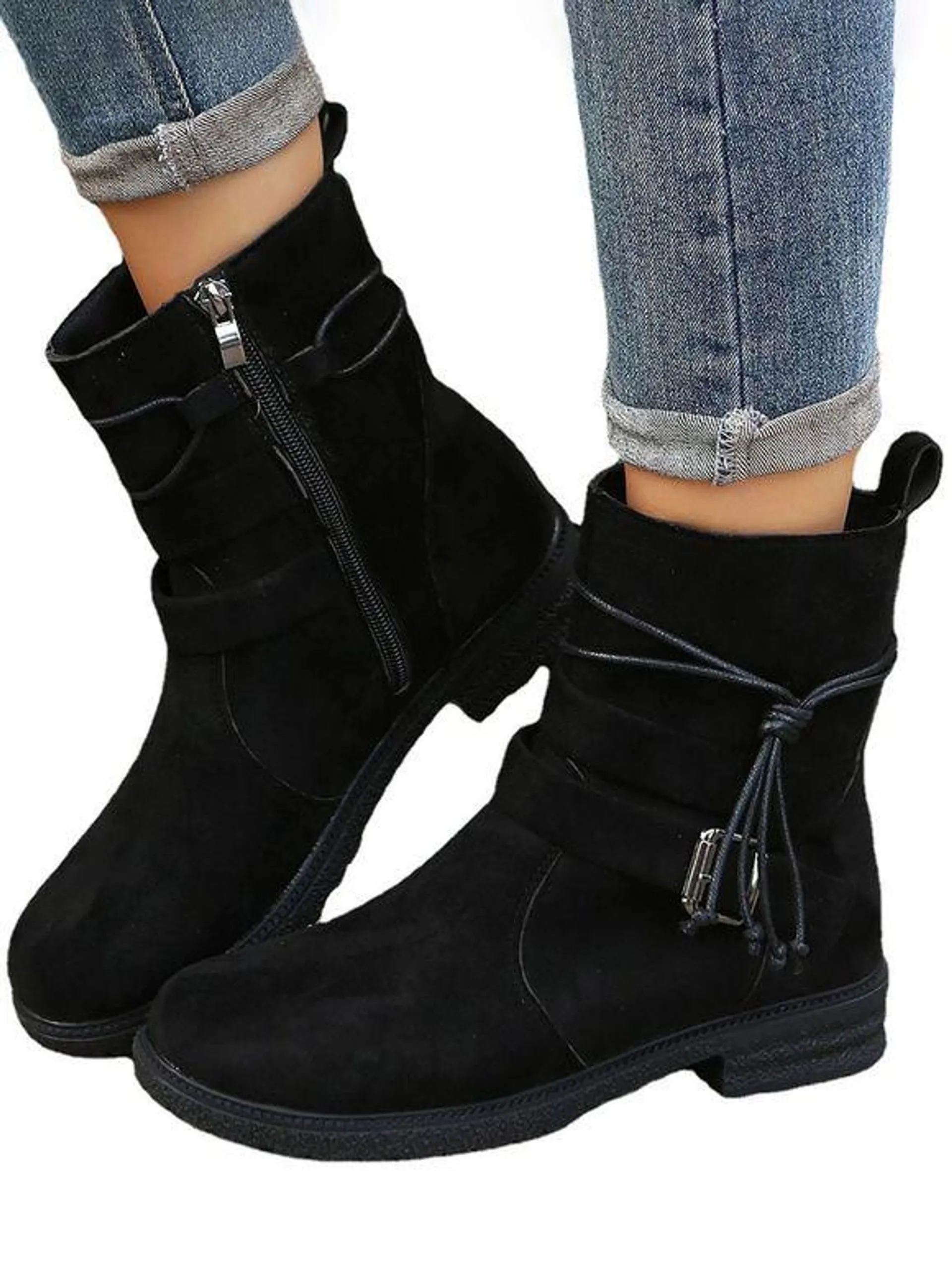 Zip Up Buckle Strap Lace Up Ankle Boots