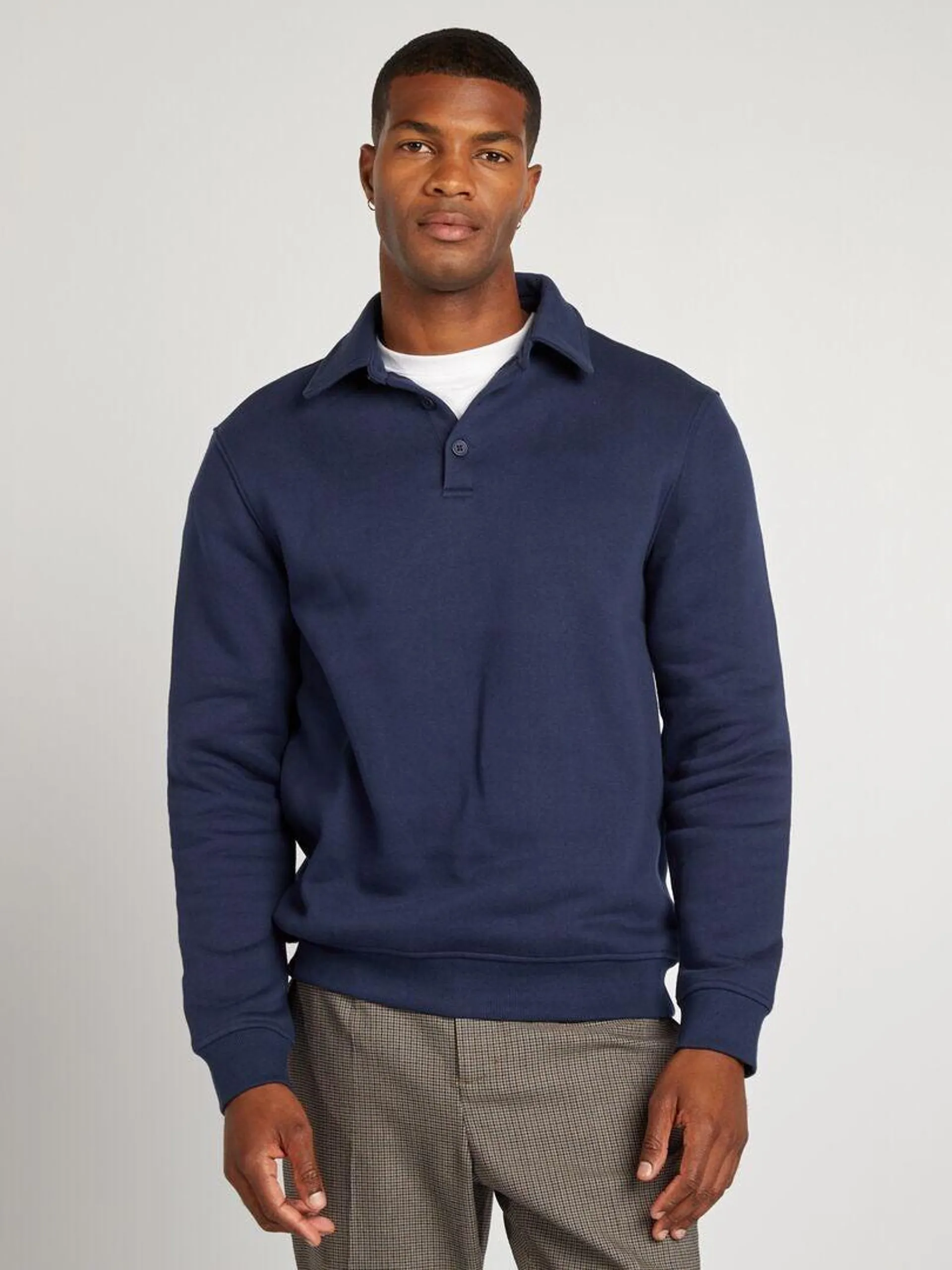 Sweat en molleton col polo - Bleu marine