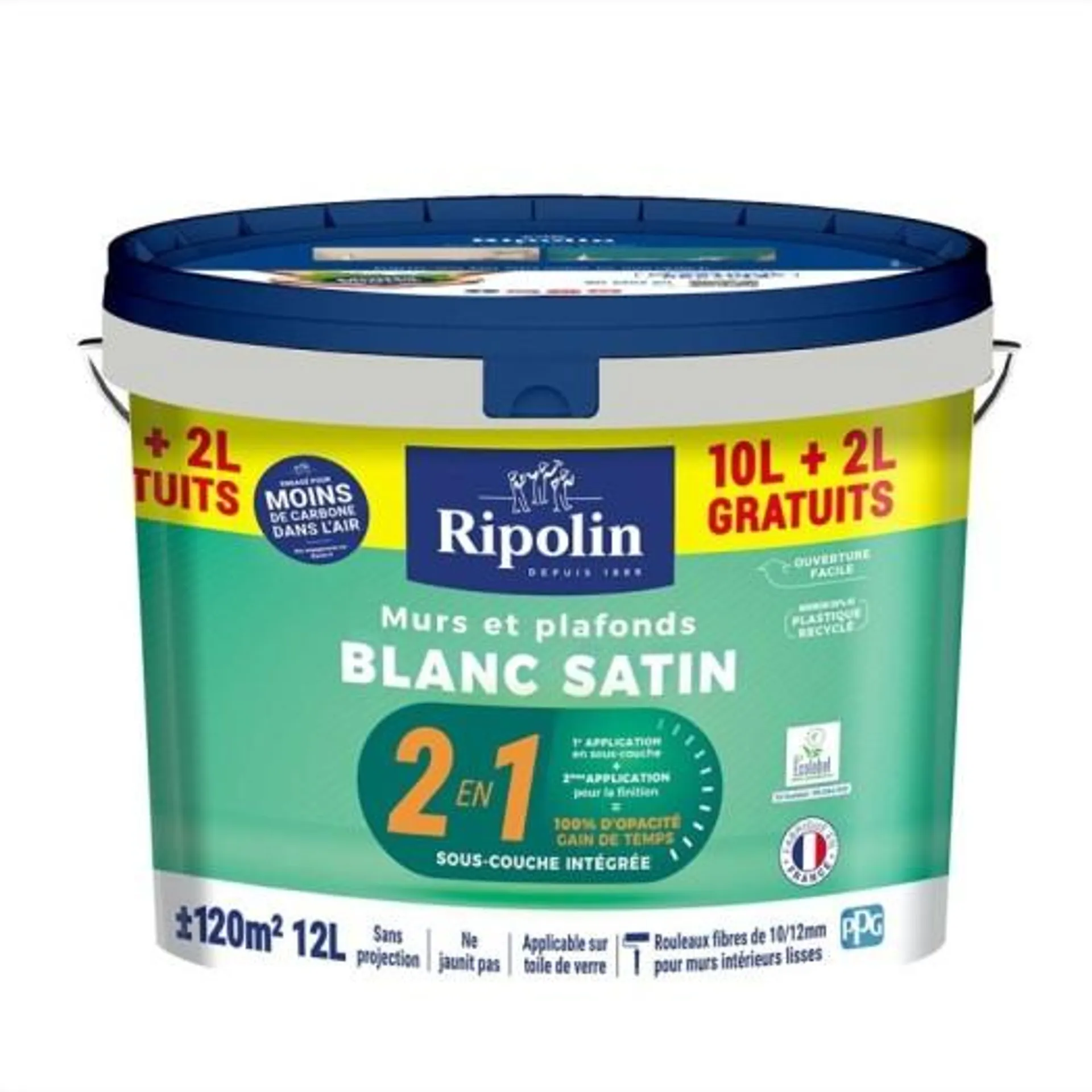 Peinture Ripolin murs et plafonds 2 en 1 sous-couche intégrée blanc satin 12L