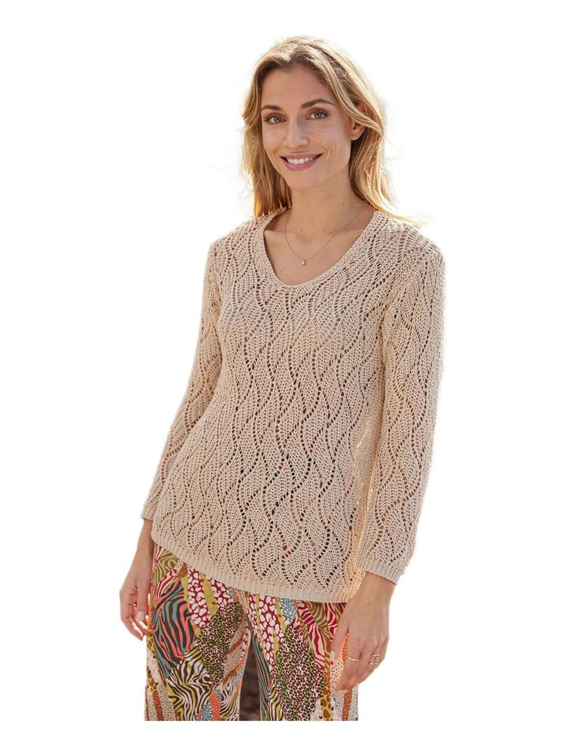 Pull maille fantaisie ajourée col V - Beige