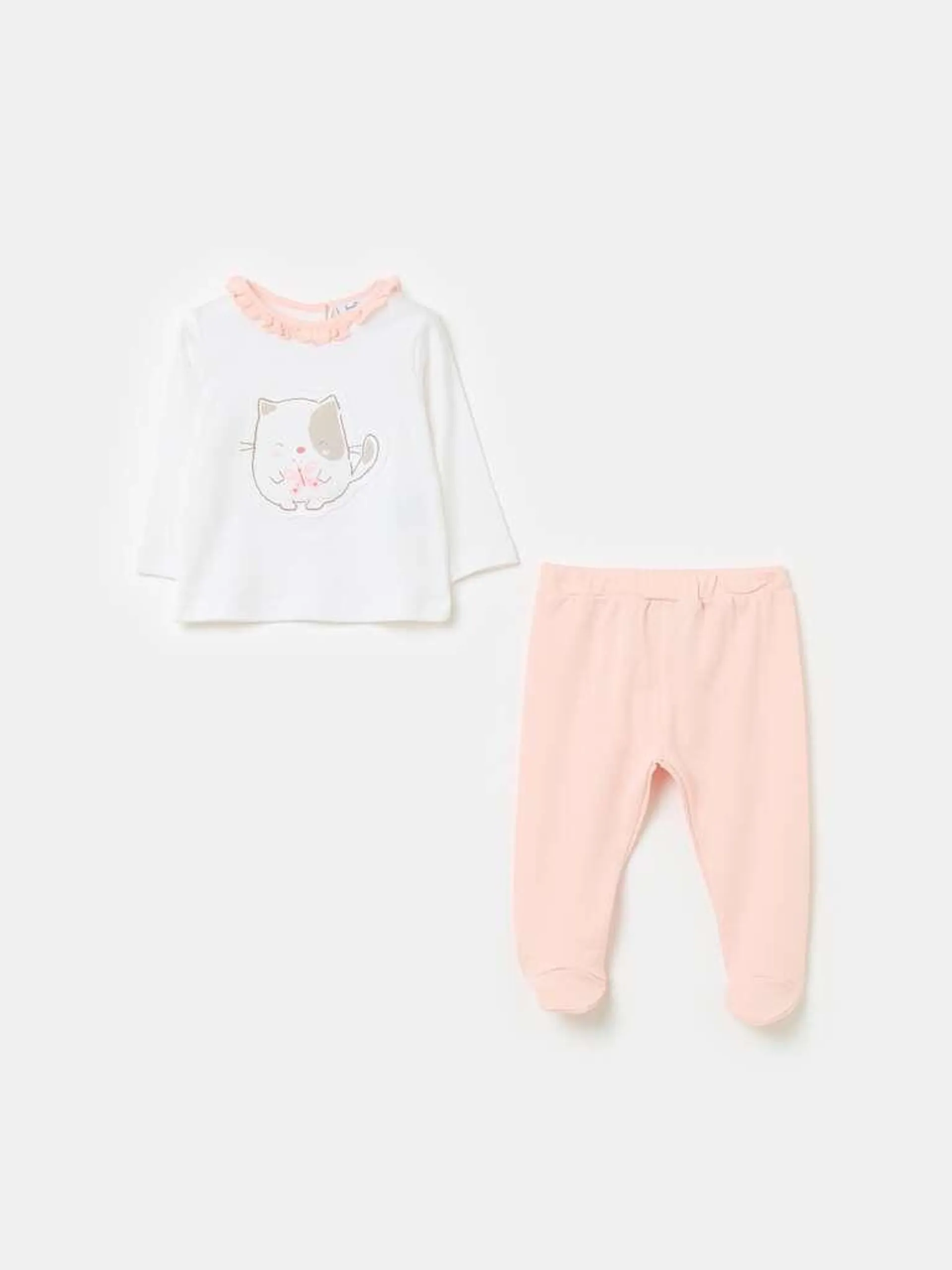 T-shirt and baby leggings set in organic cotton Blanc/rose