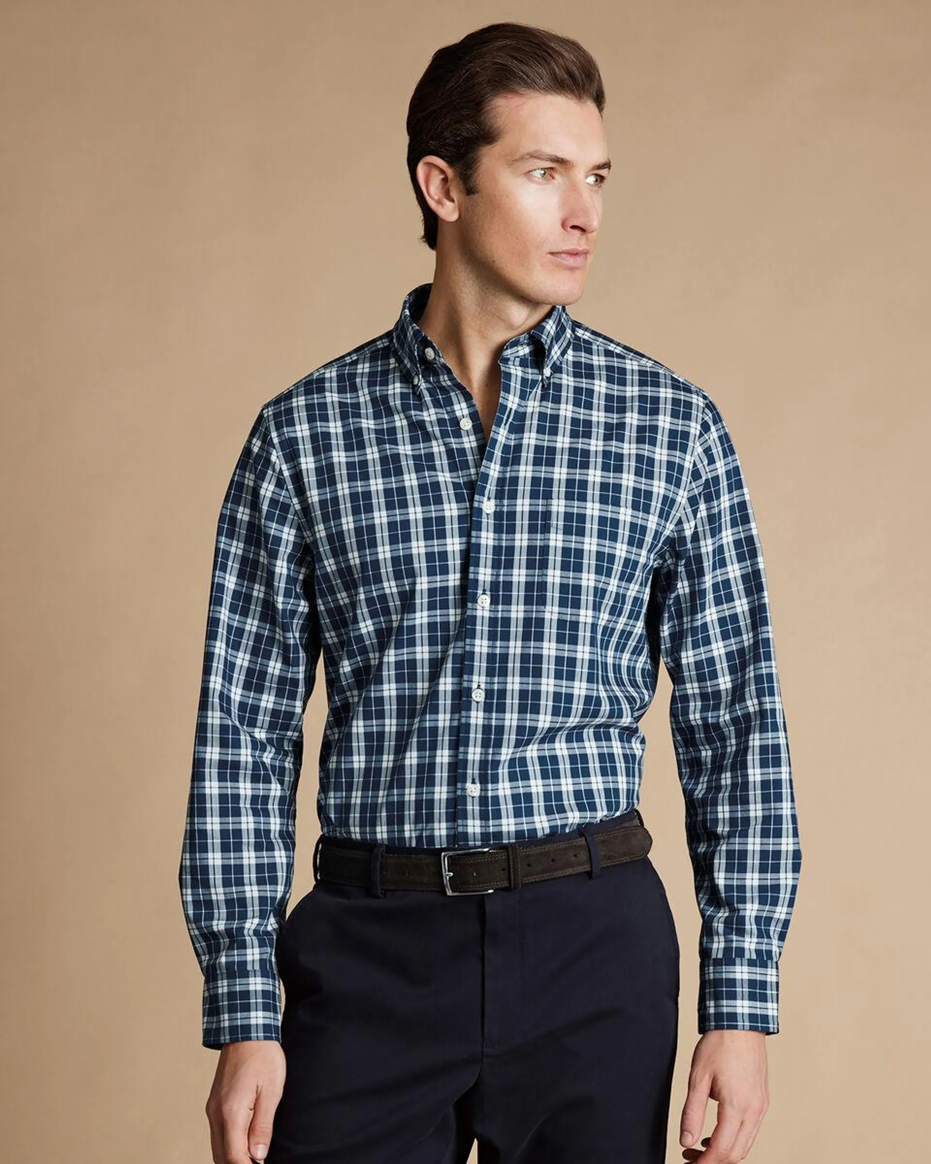 details about product: Button-Down Collar Non-Iron Stretch Poplin Check Shirt - Blue