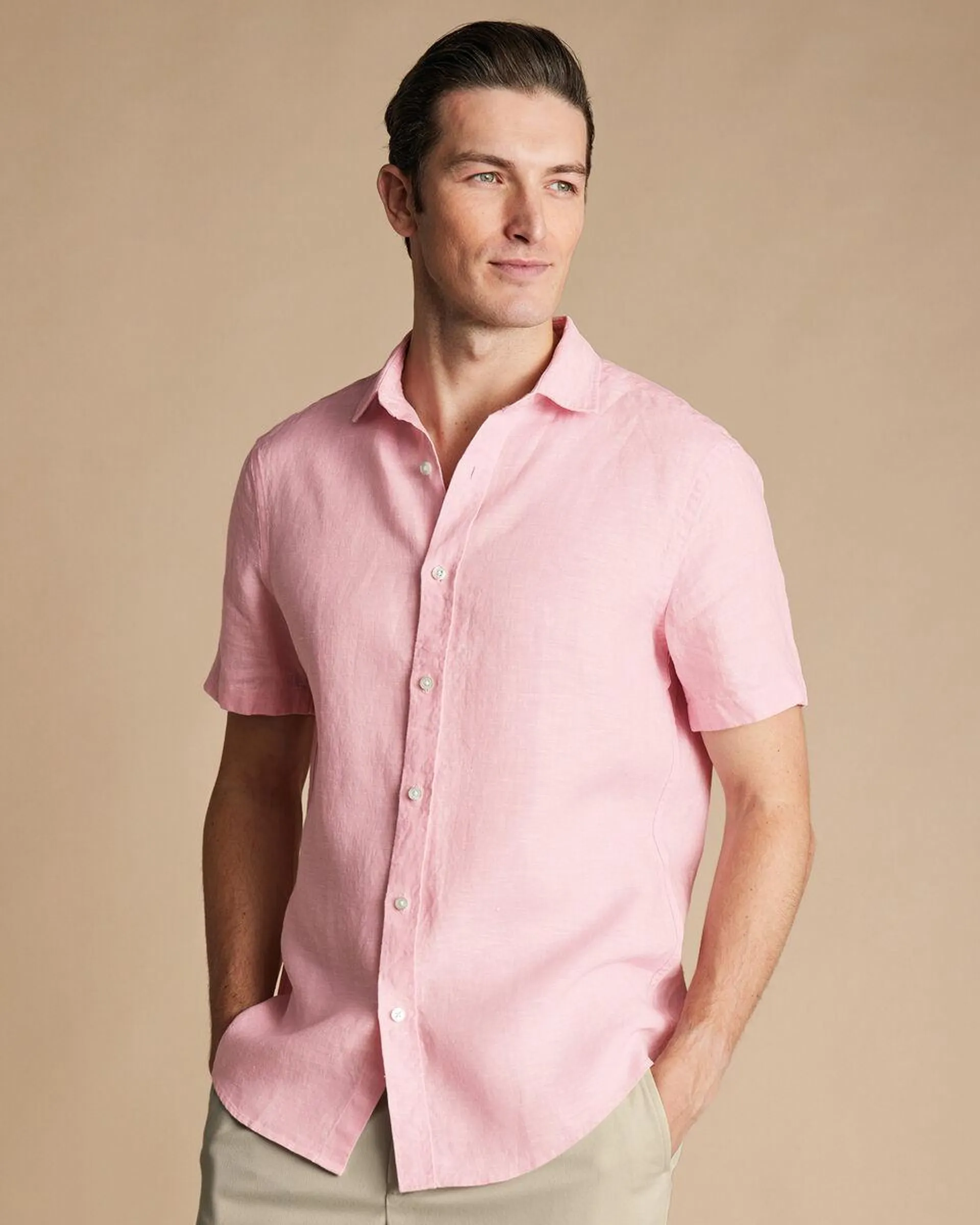 details about product: Pure Linen Shirt Short Sleeve - Pink