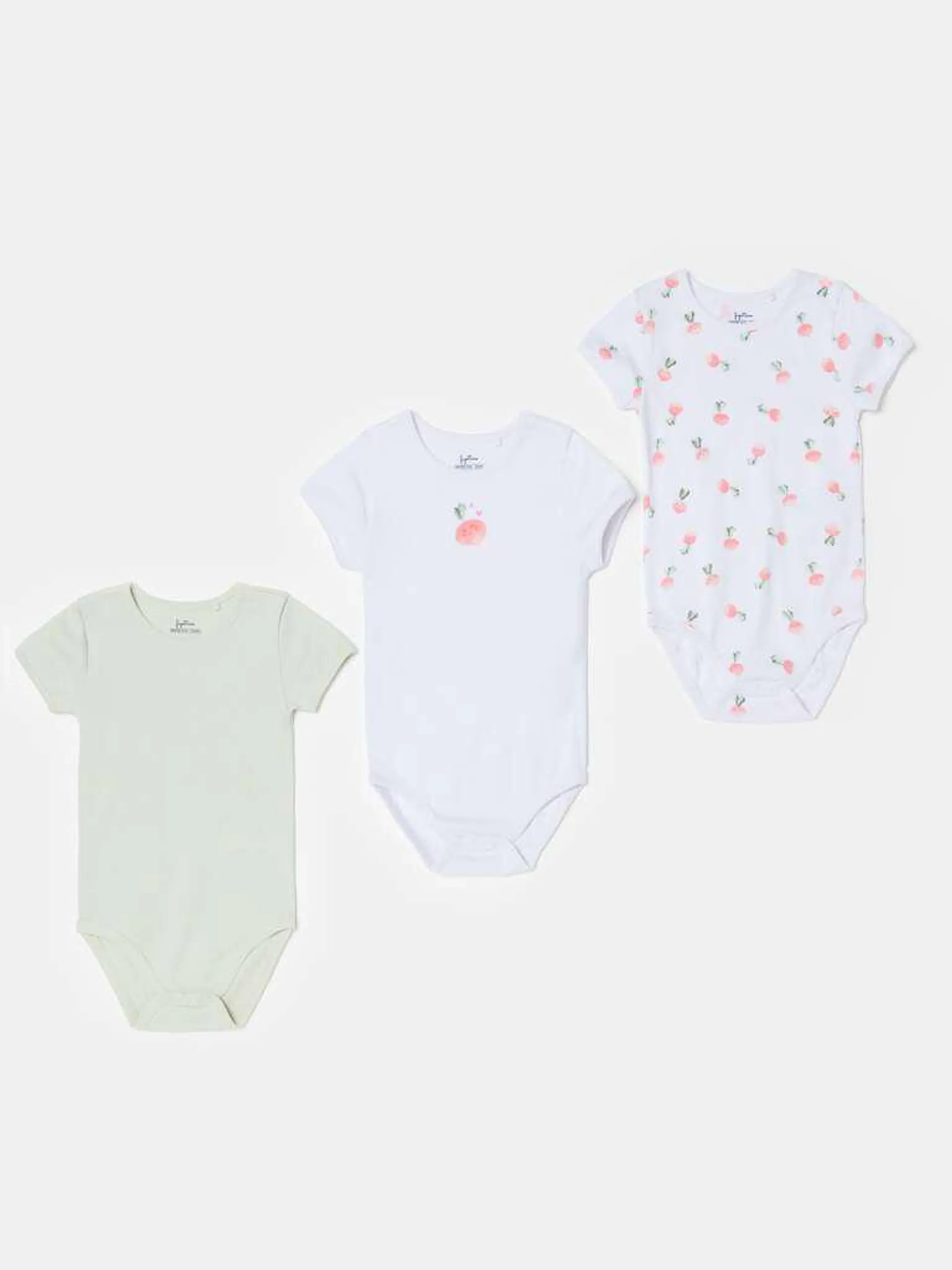 Three-pack short-sleeved bodysuits with radish print Blanc/vert