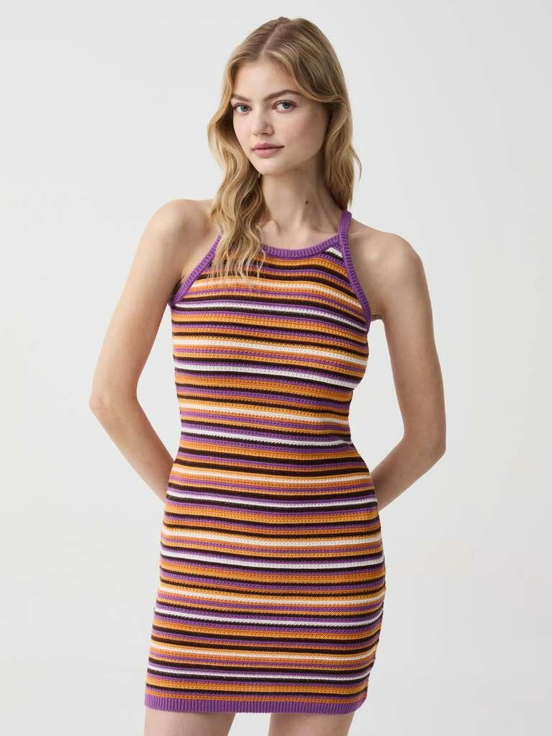 Striped crochet cotton dress Brun/violet