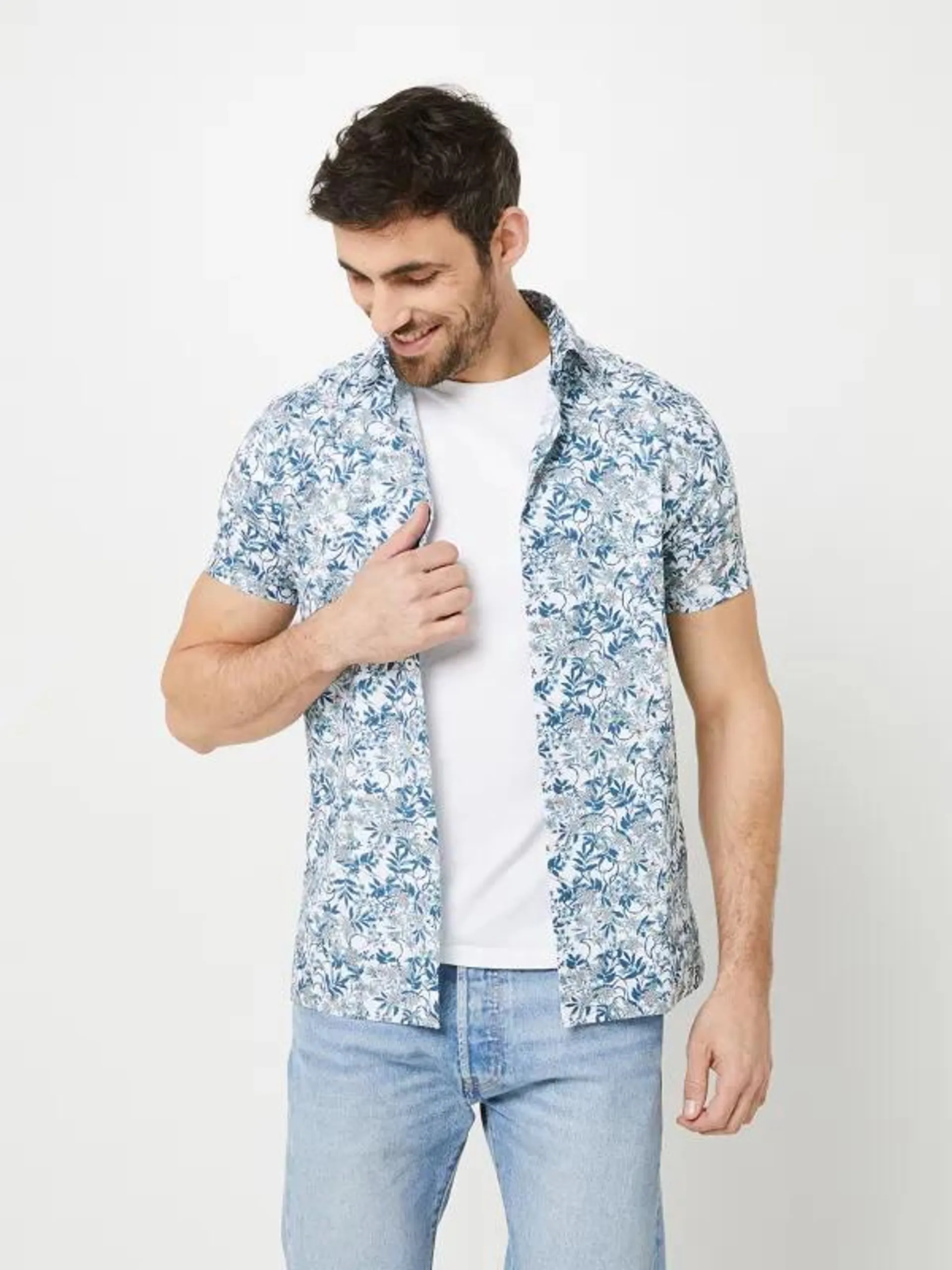 Chemise Manches Courtes À Imprimé Fleuri, Coupe Droite - Bleu