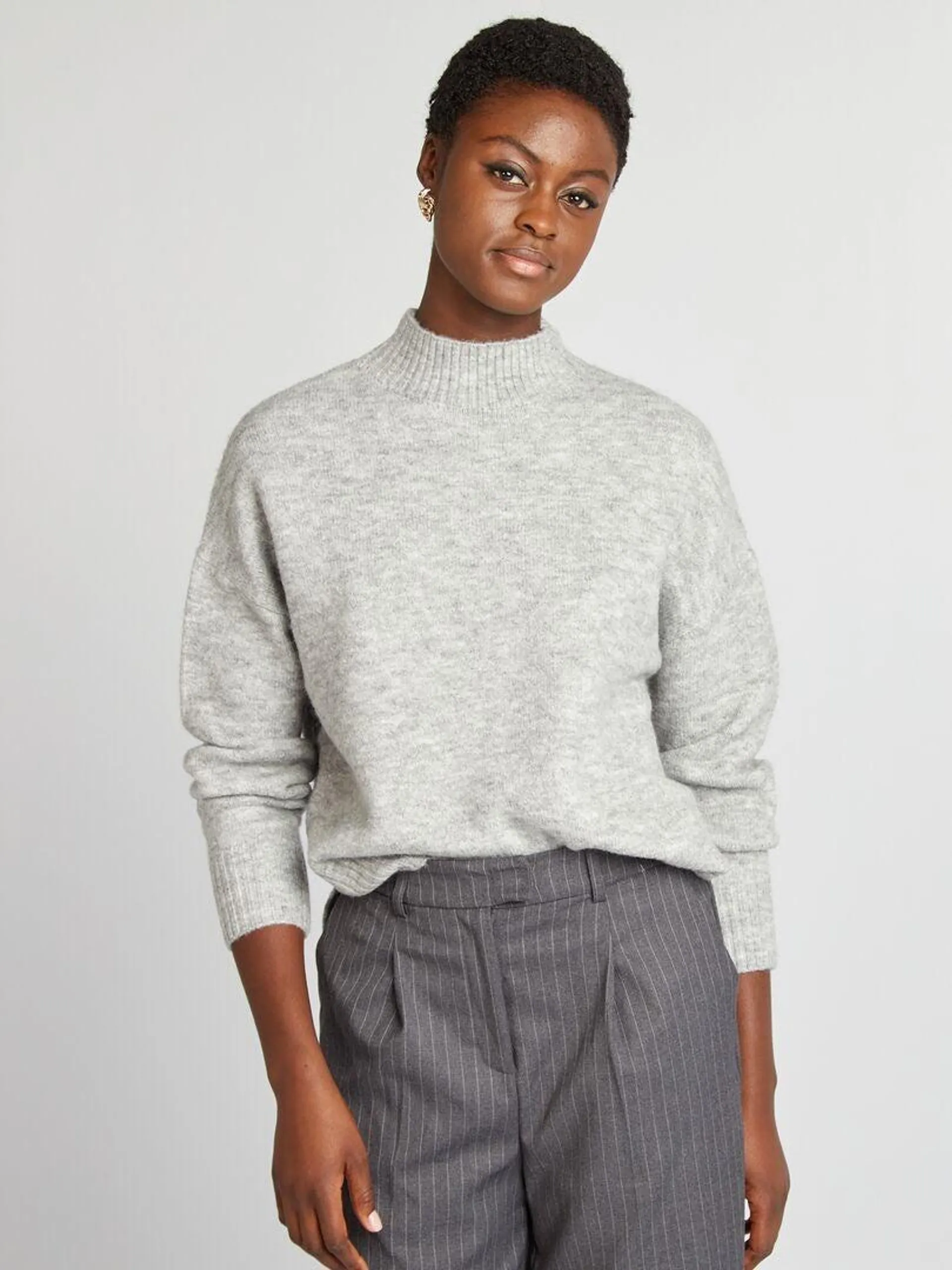 Pull col montant en maille douce - Gris