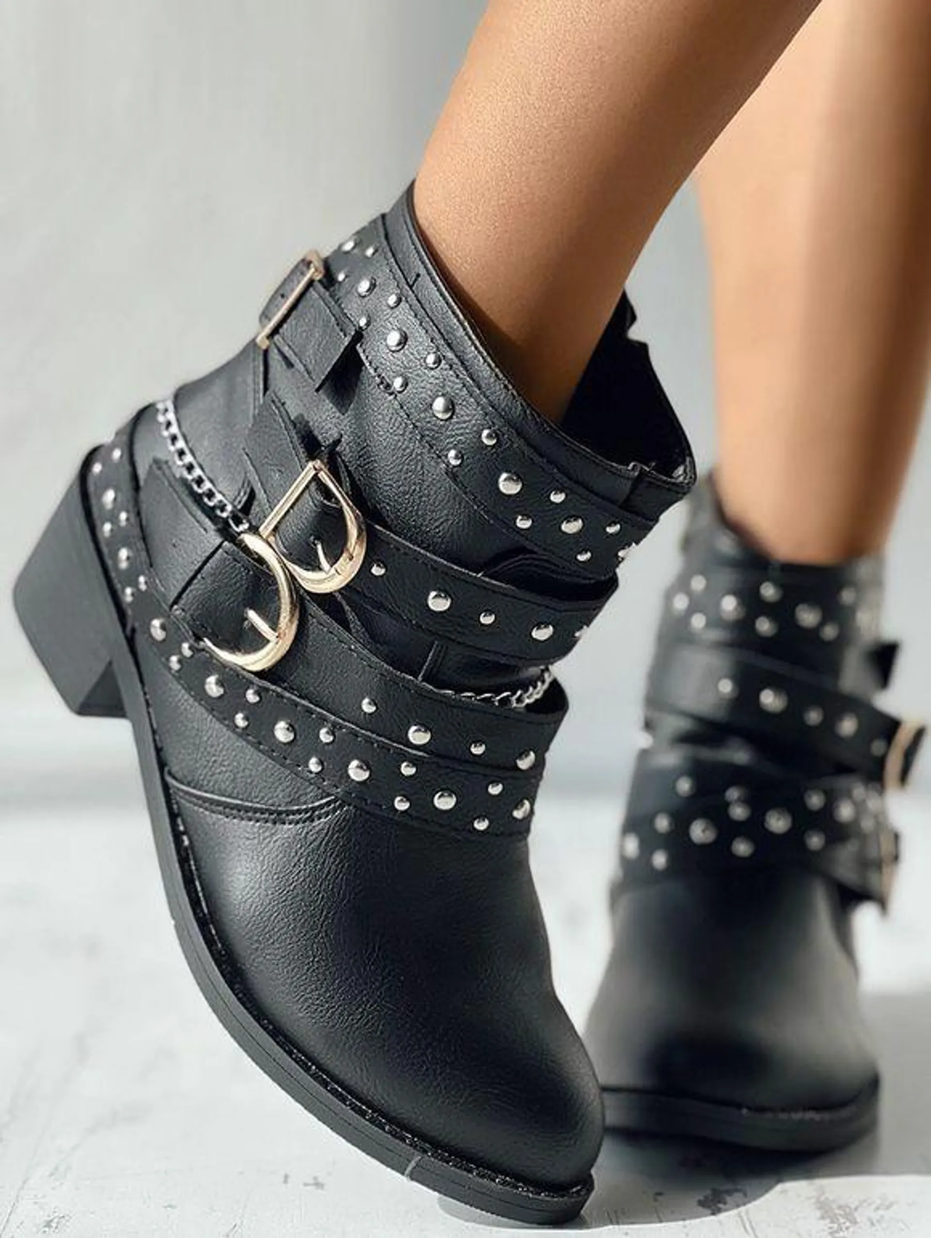 Rivet Buckle Strap Zip Up Chunky Heel Punk Boots