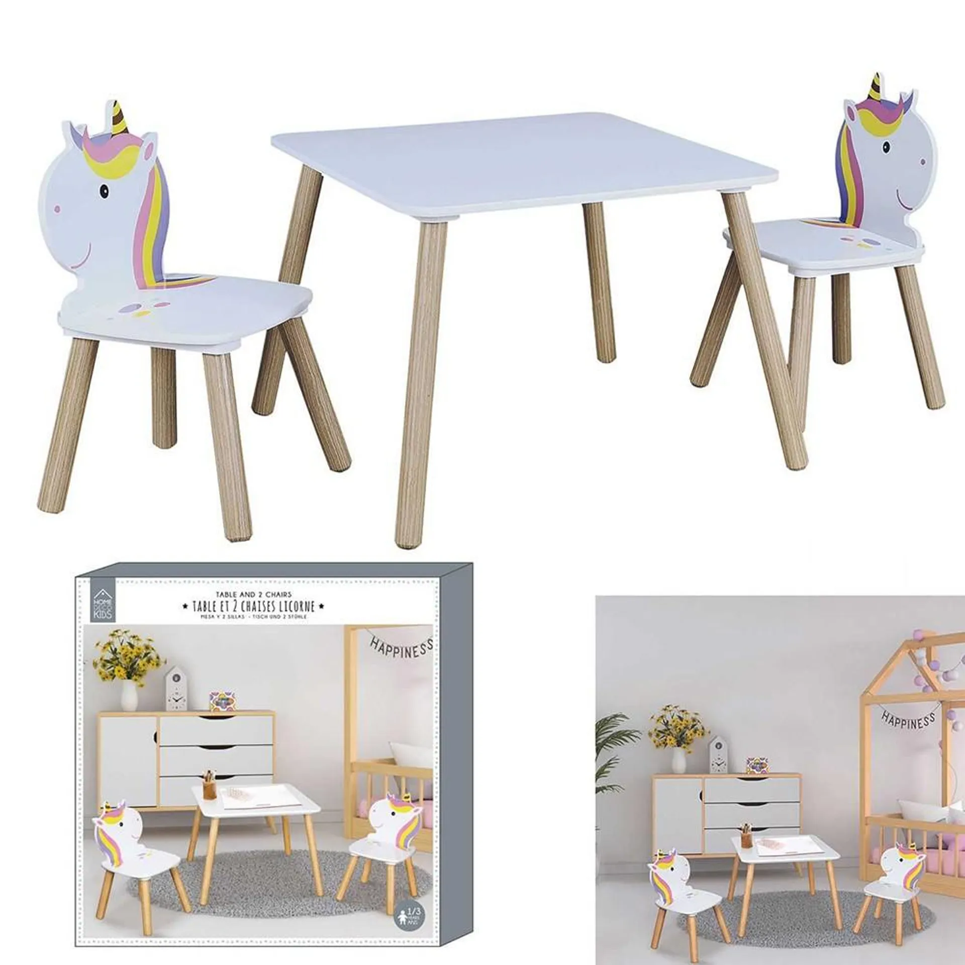 Table Lily avec chaise licorne x2 bois blanc et naturel 55x55xH43cm