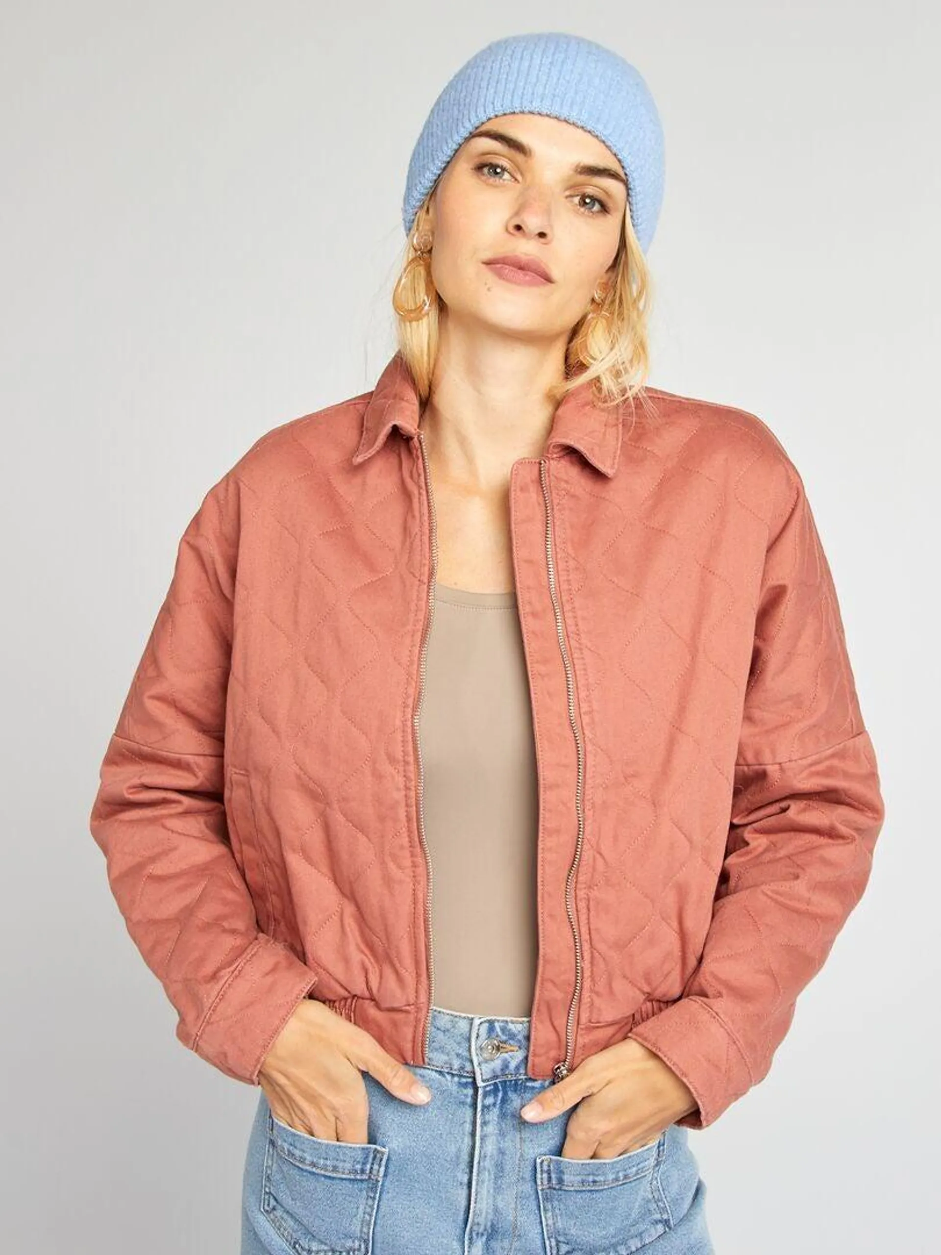 Blouson matelassage fantaisie en denim - Rose