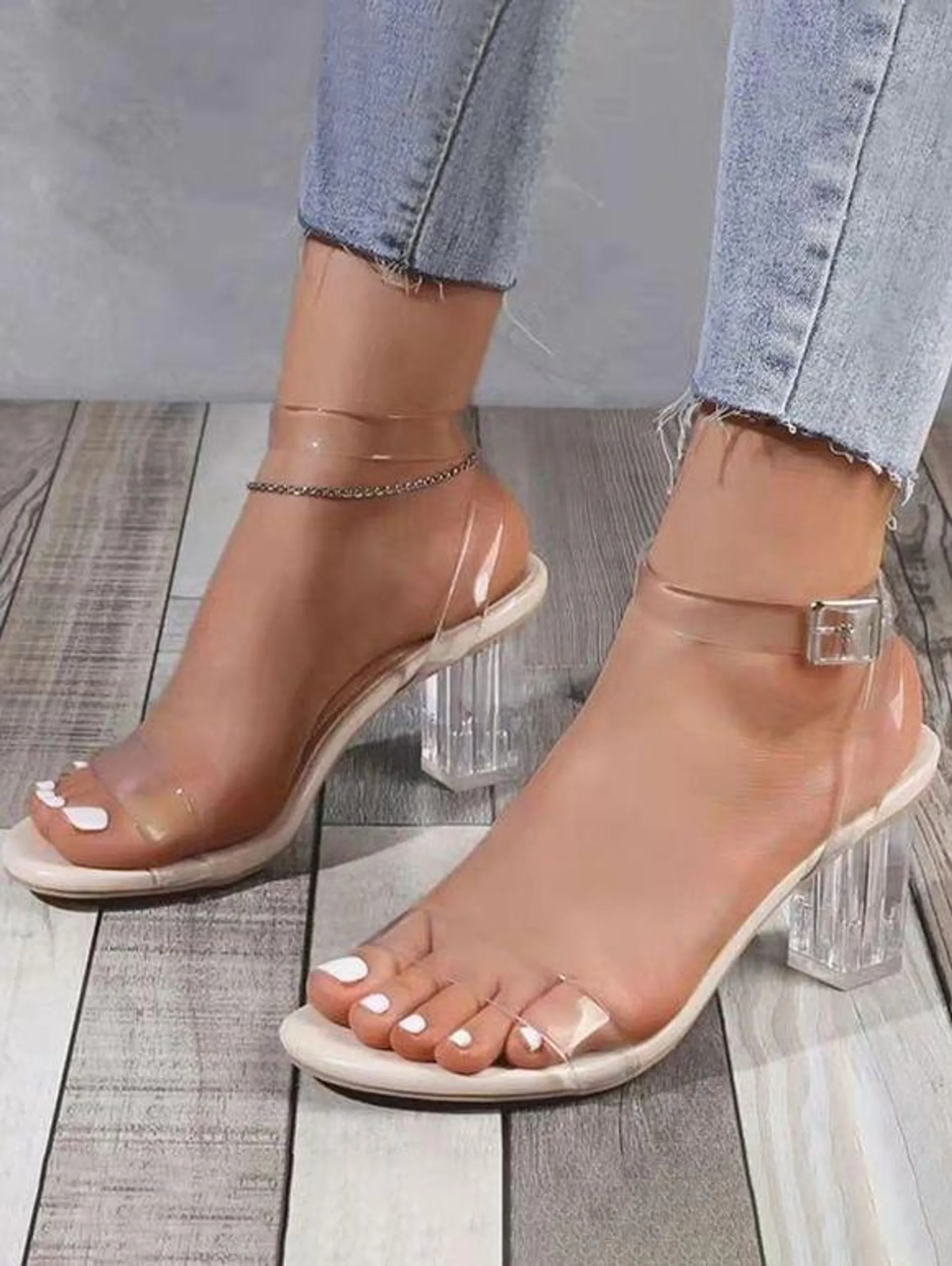 Transparent Buckle Straps Chunky Heels Sandals