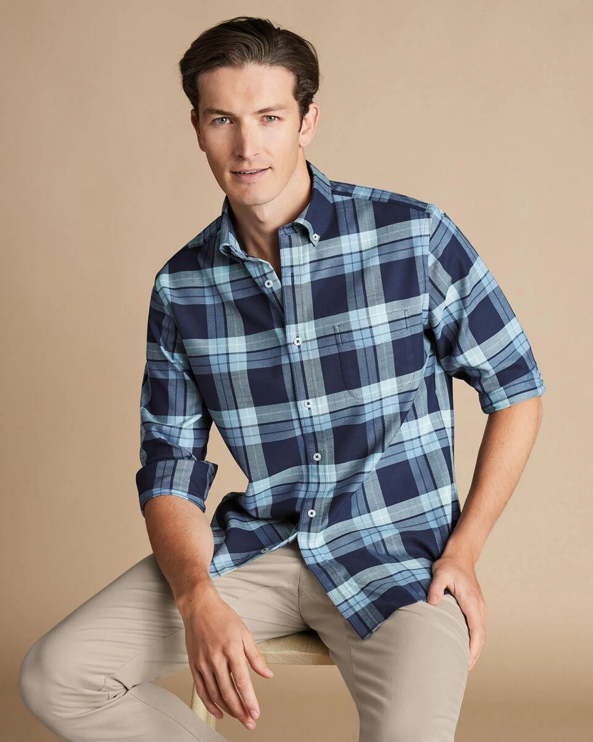 details about product: Button-Down Collar Non-Iron Twill Large Check Shirt - Denim Blue