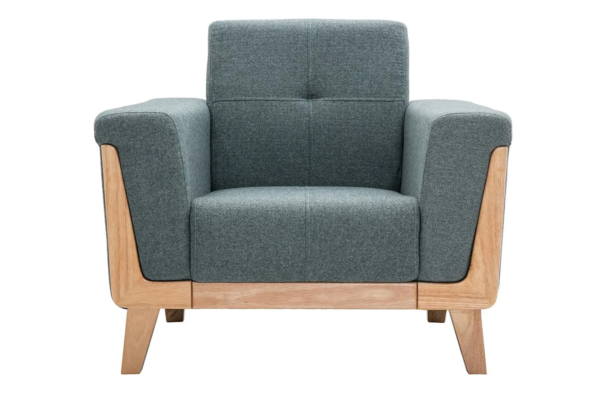 Fauteuil scandinave en tissu vert de gris et bois clair FJORD