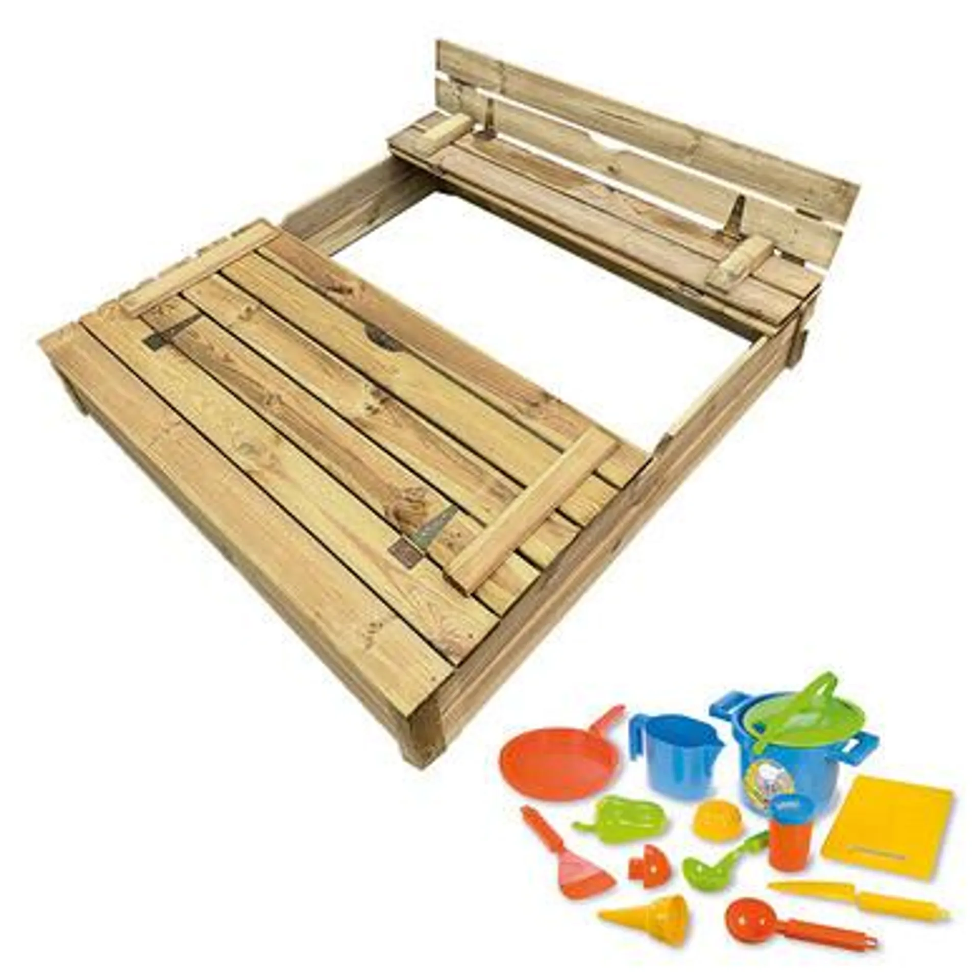 Bac à sable en bois avec banc 120x120 Sifaka + Set jeux offert