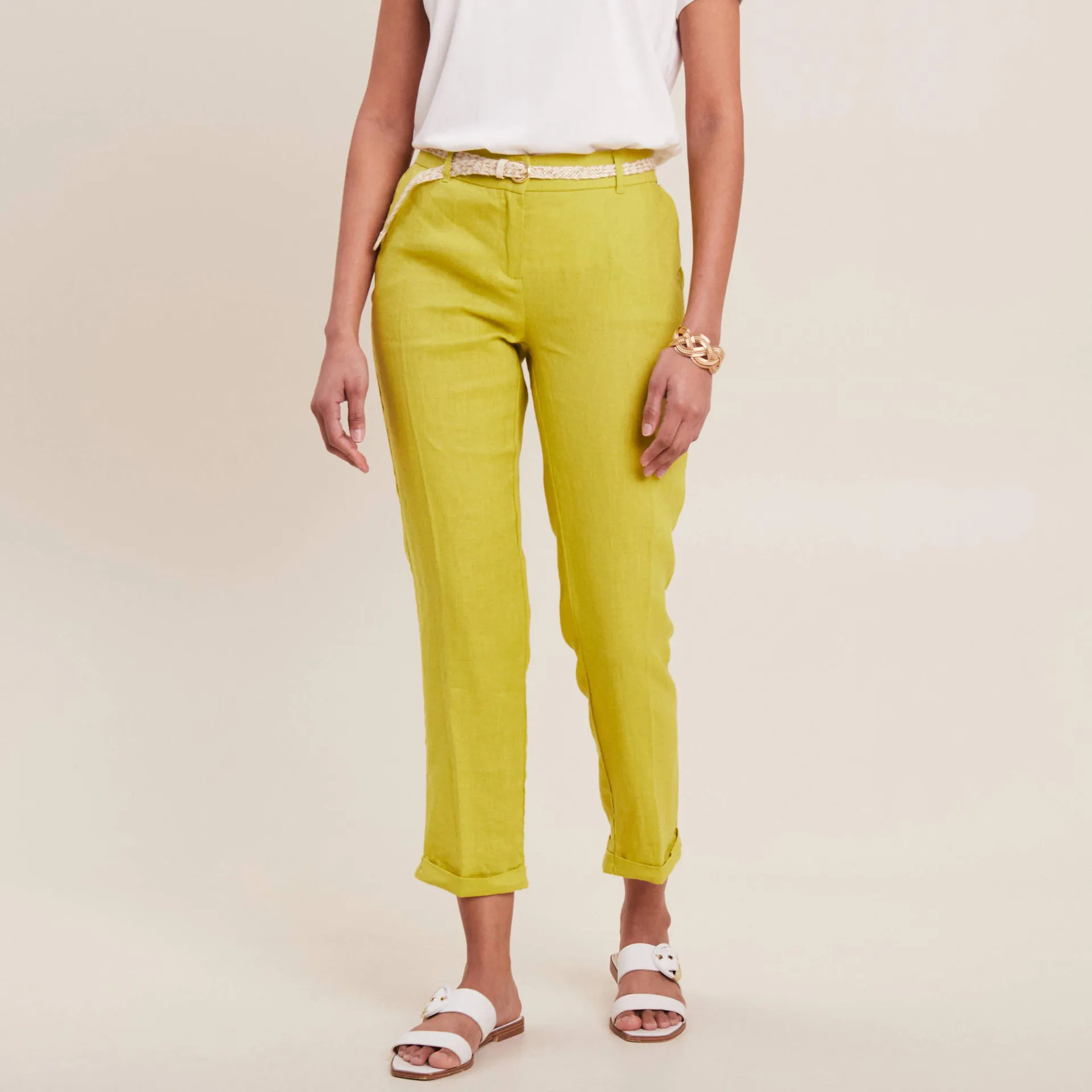 Pantalon flou ceinturé vert anis femme