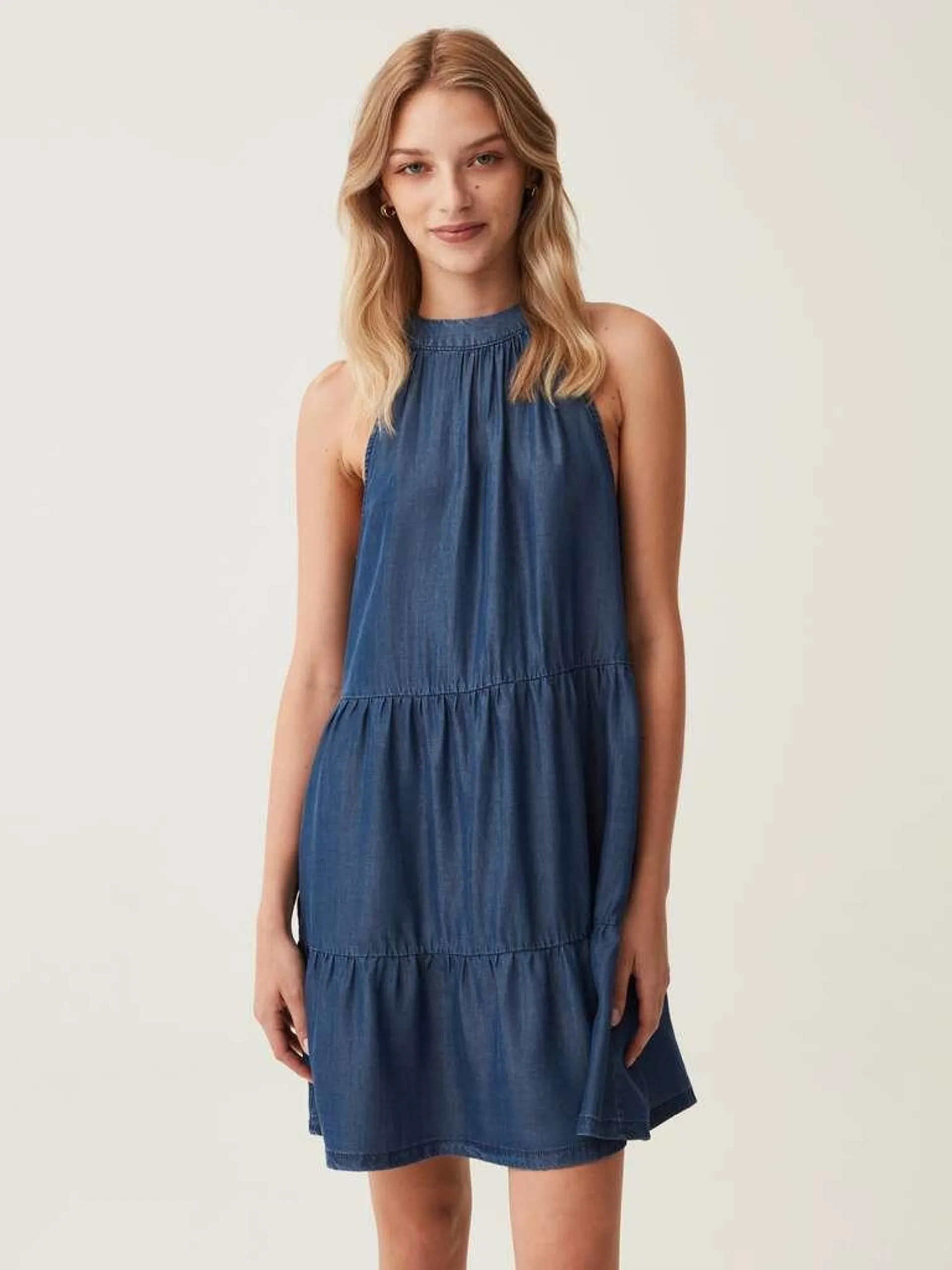 Short denim-effect dress with halterneck Bleu foncé