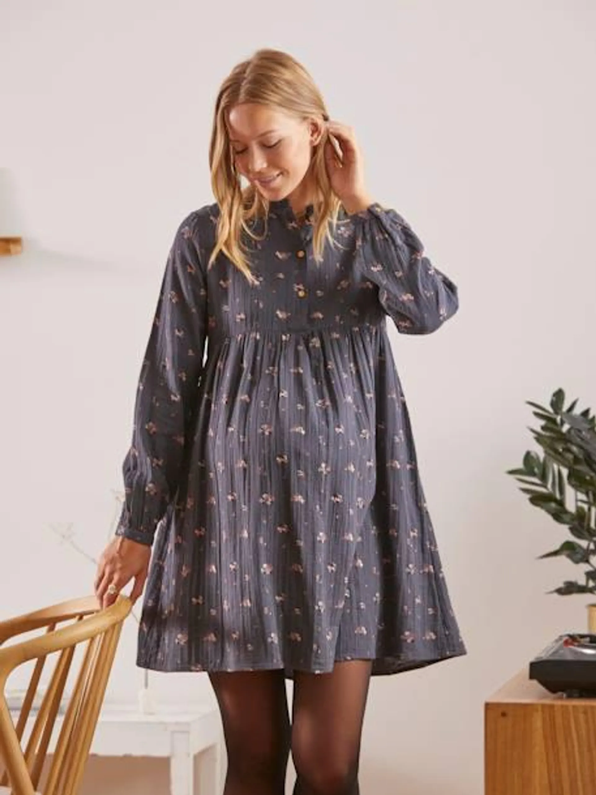 Robe imprimée gaze de coton grossesse et allaitement - gris avec motif