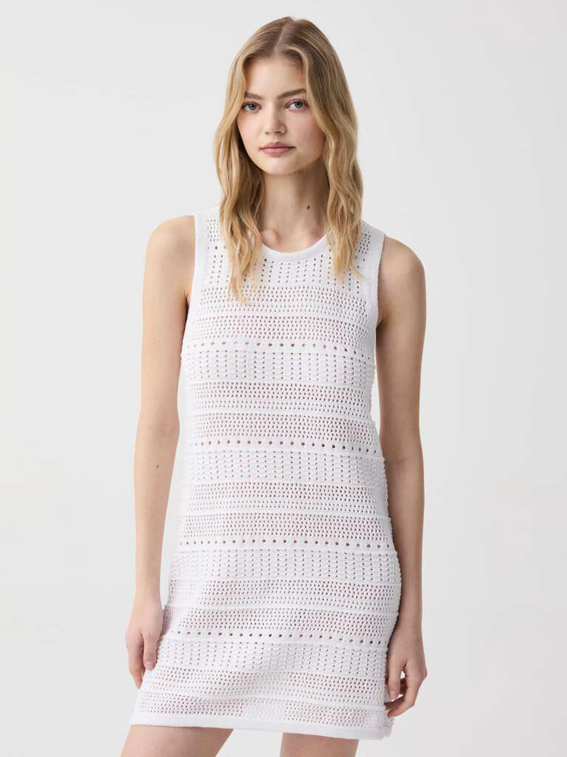 Optical White Short dress in crochet cotton