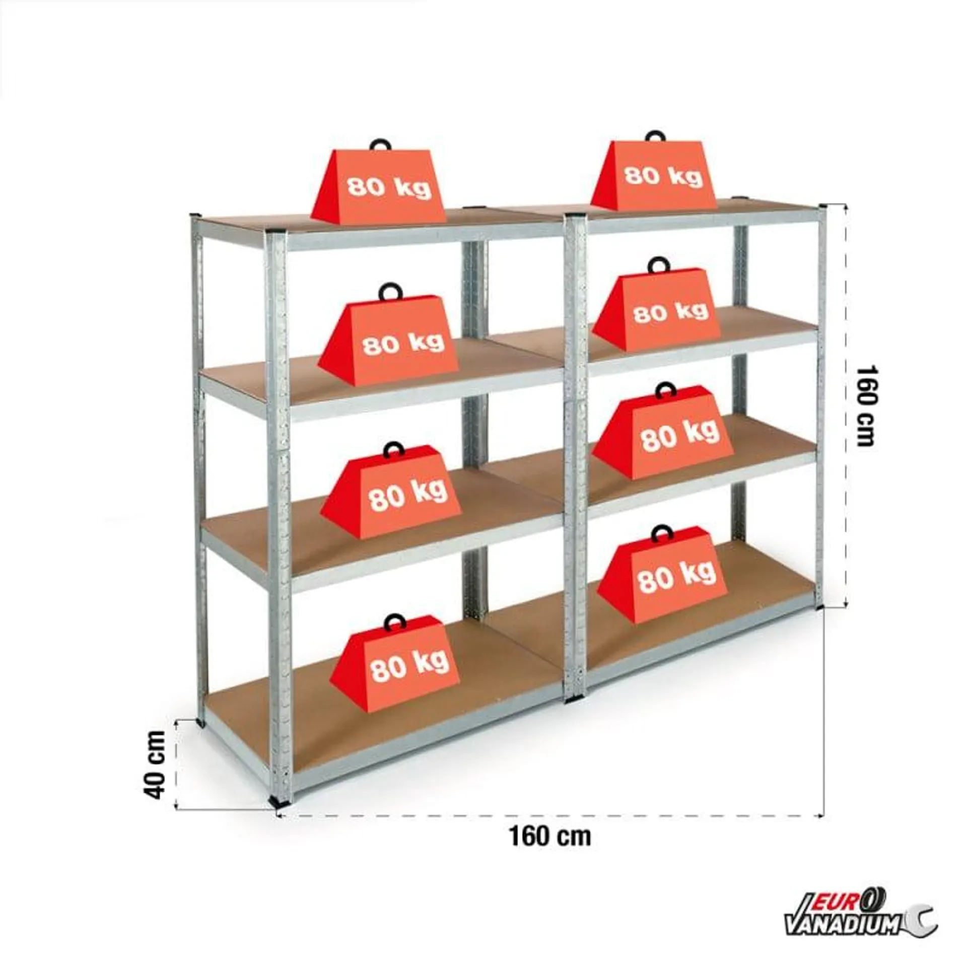 Étagère garage charges lourdes en métal - lot de 2 | 8 plateaux - 2X L.160 x l.80 cm