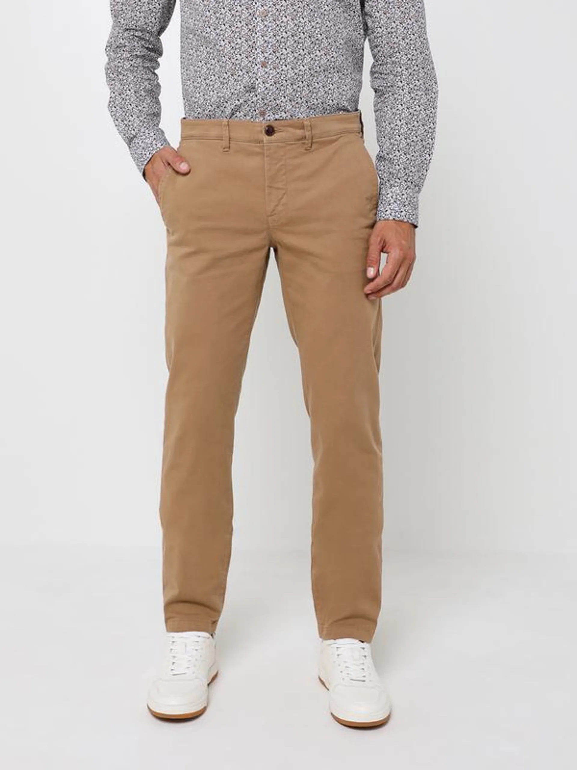 Pantalon Chino Droit En Toile Unie Stretch - Beige