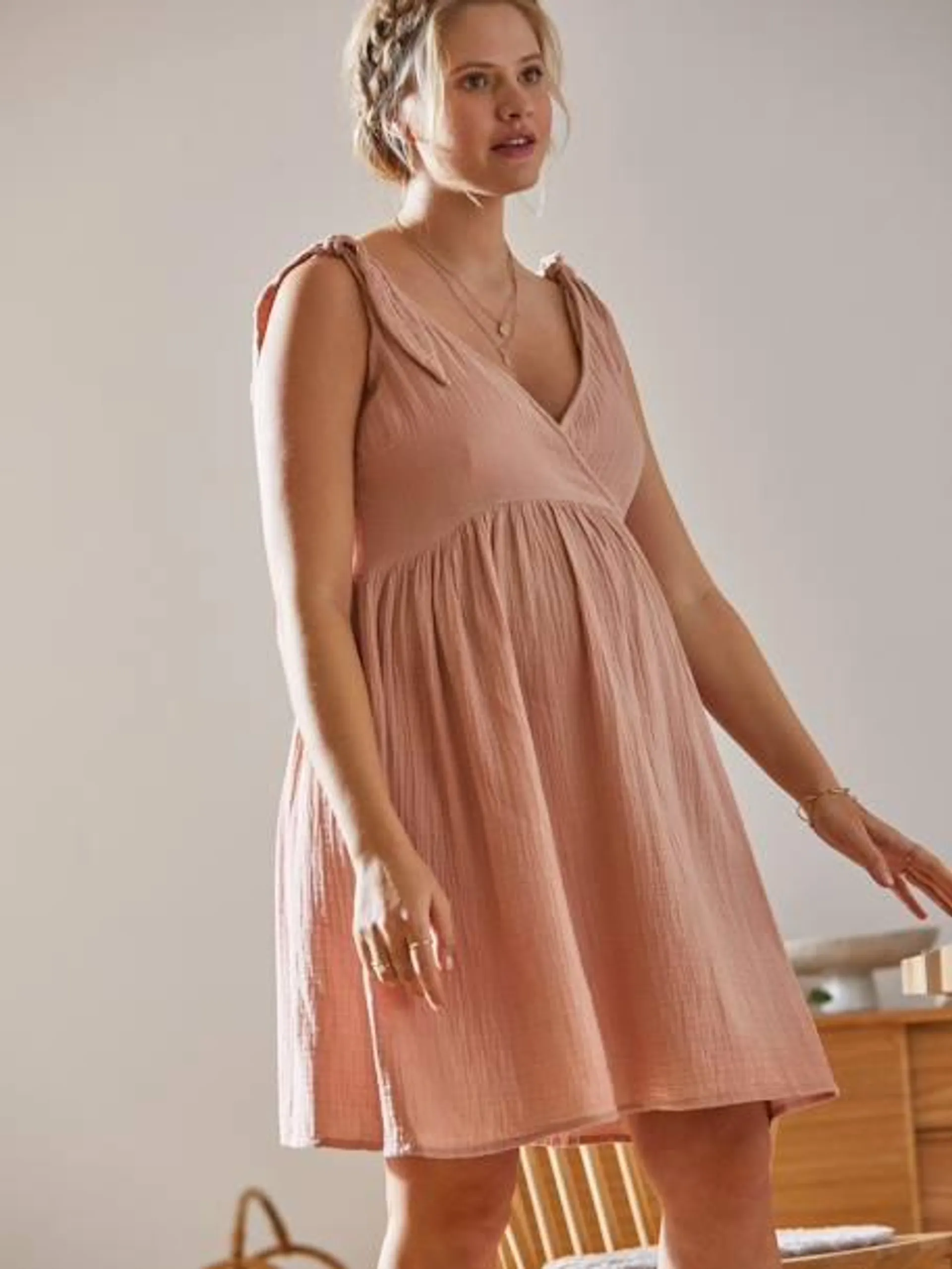 Robe courte gaze de coton grossesse et allaitement - rose