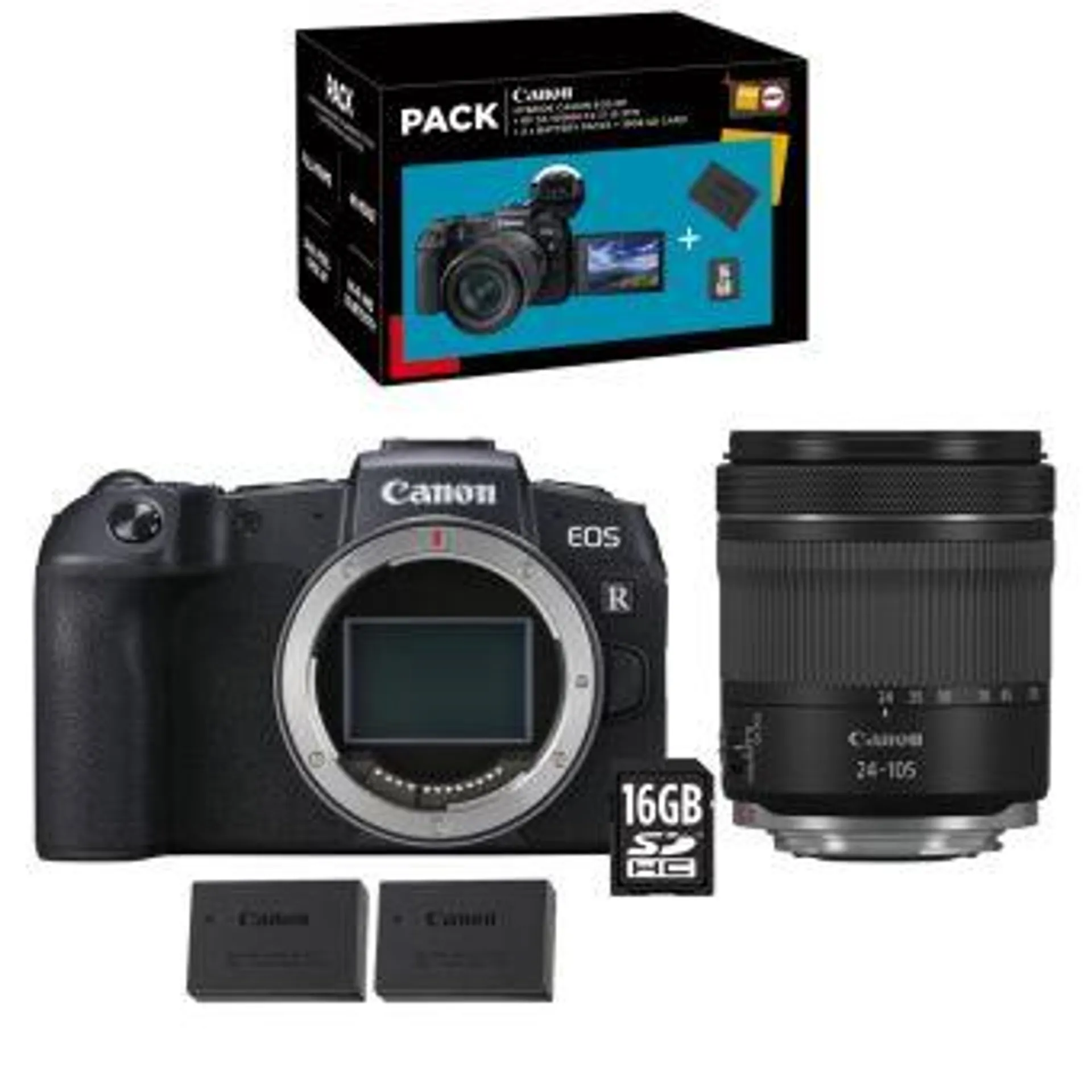 Pack Fnac Appareil photo hybride Canon EOS RP + RF 24-105mm f/4-7.1 IS STM + Seconde Batterie LP-E17 + Carte SD 16GB noir