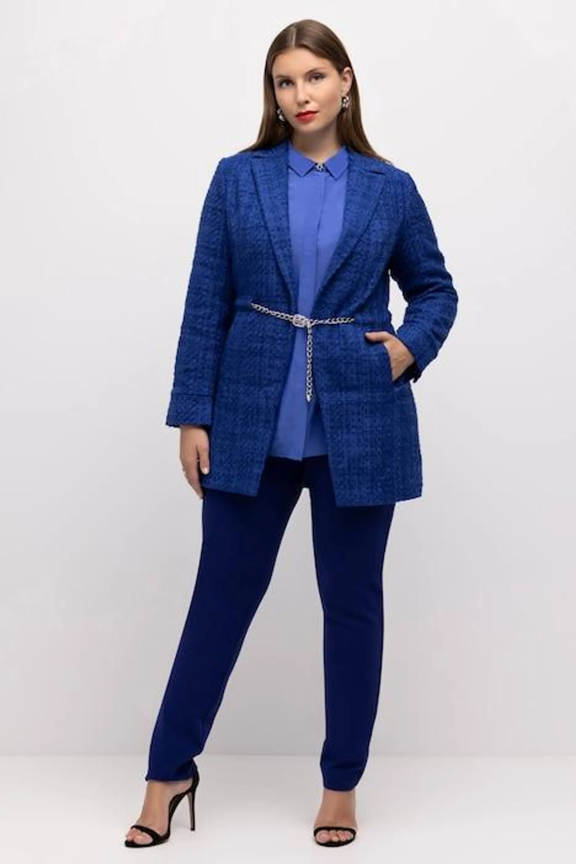 Blazer long, bouclé, col à revers, chaînette fantaisie, cordon de serrage