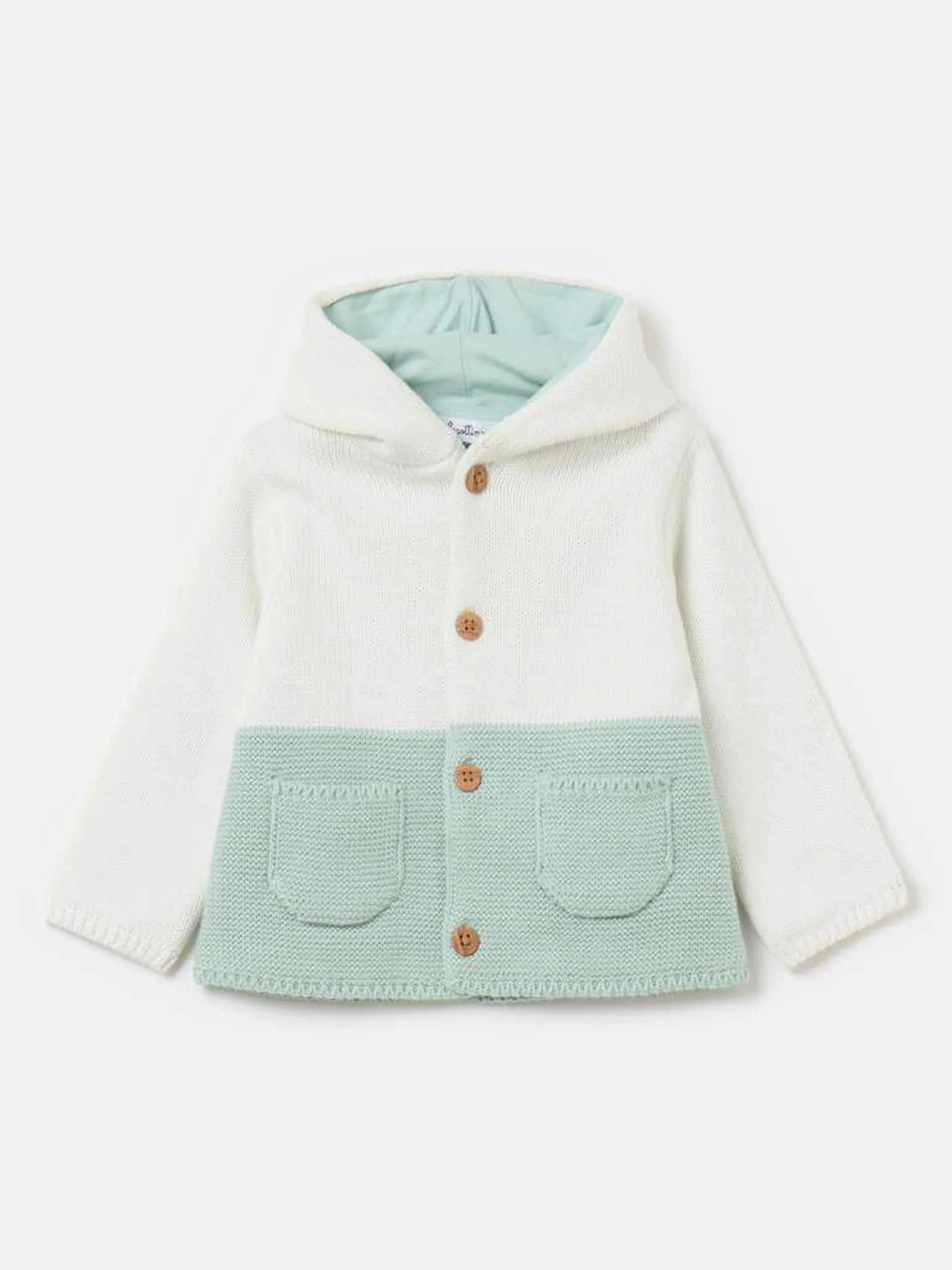 Organic cotton cardigan with hood Blanc/vert aqua