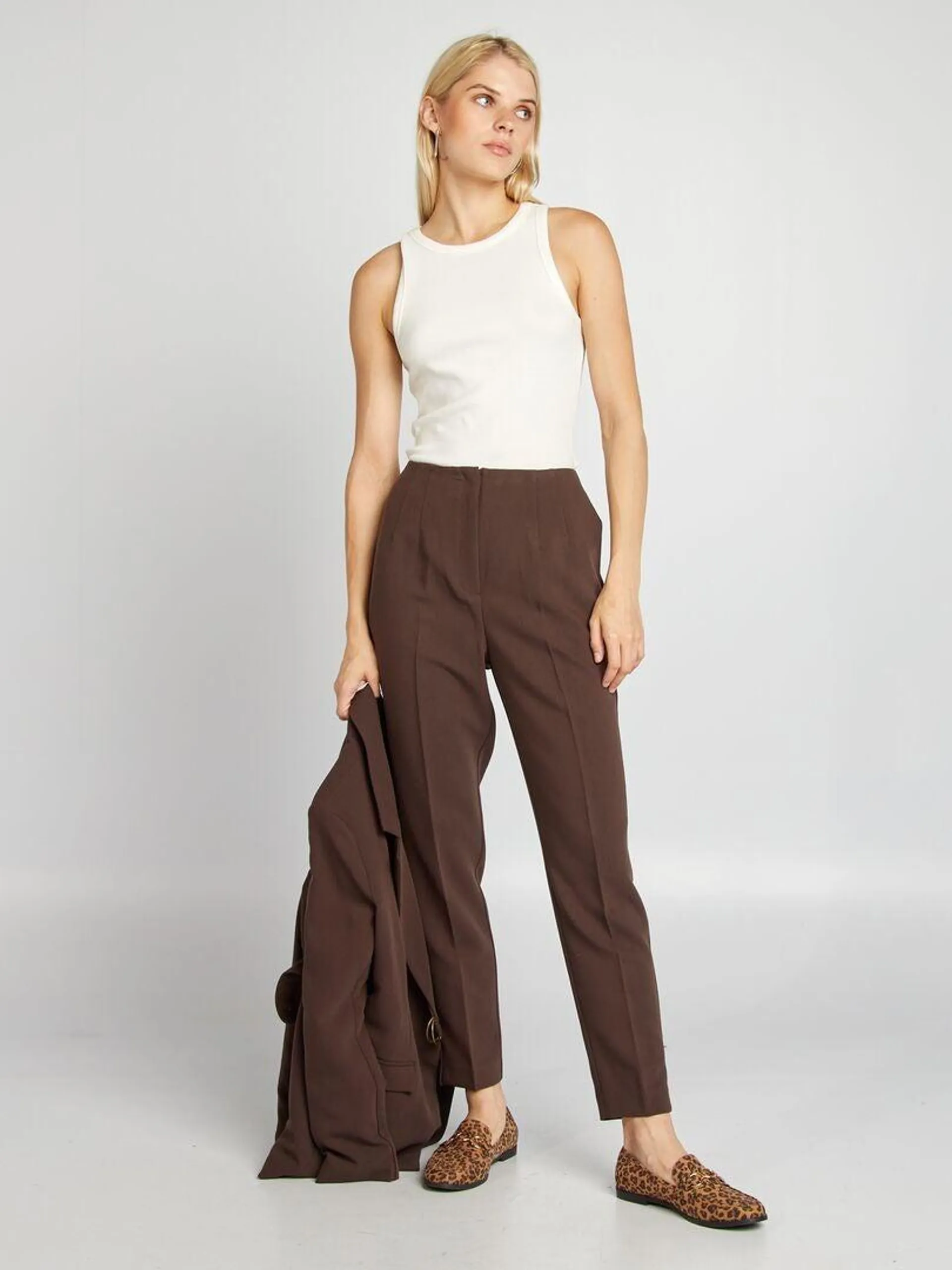 Pantalon cigarette taille haute - Marron