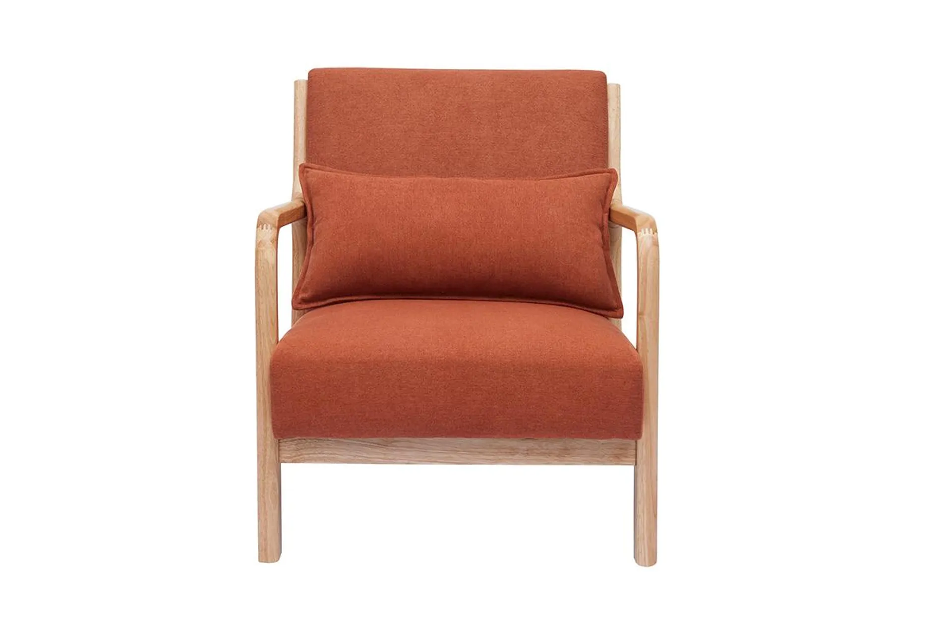 Fauteuil scandinave en tissu effet velours terre brûlée et bois clair massif DERRY