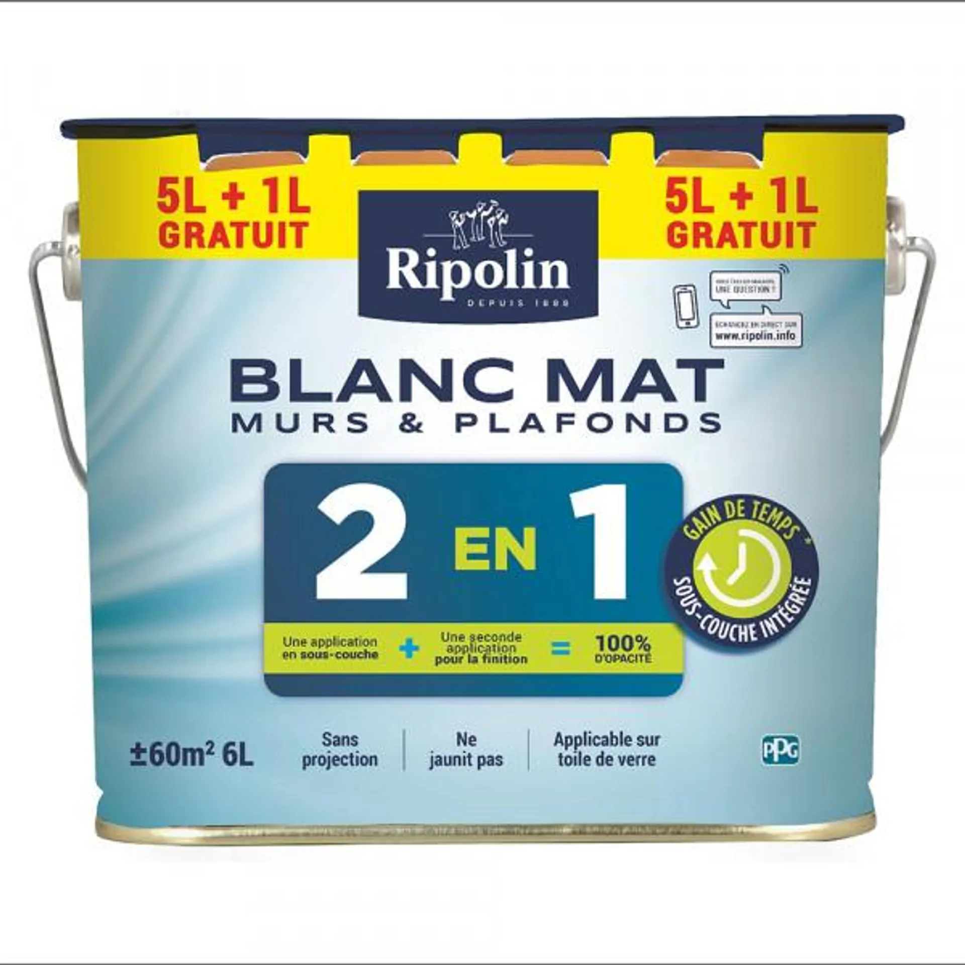 Peinture Ripolin murs et plafonds 2 en 1 sous-couche intégrée blanc mat 5L+1L gratuit