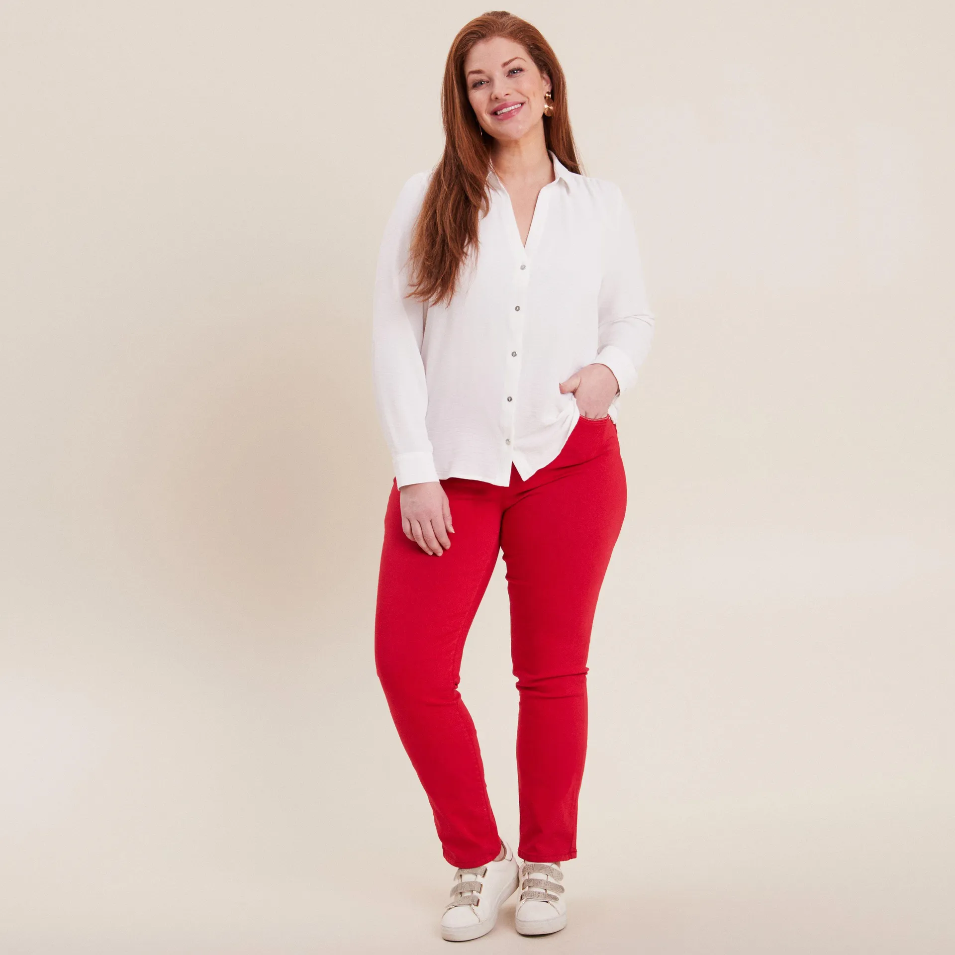 Pantalon ajusté taille haute rouge femme