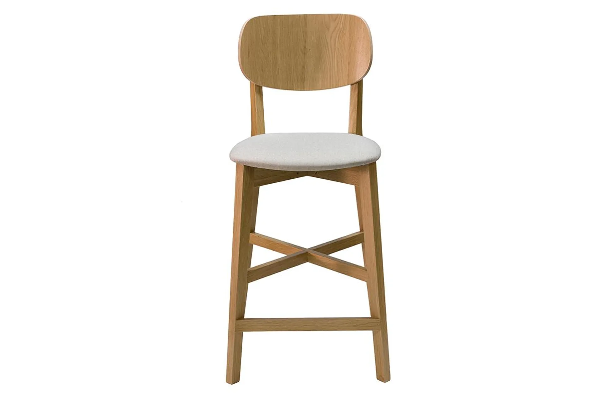 Tabouret de bar en bois clair chêne massif et tissu beige H65 cm LUCIA