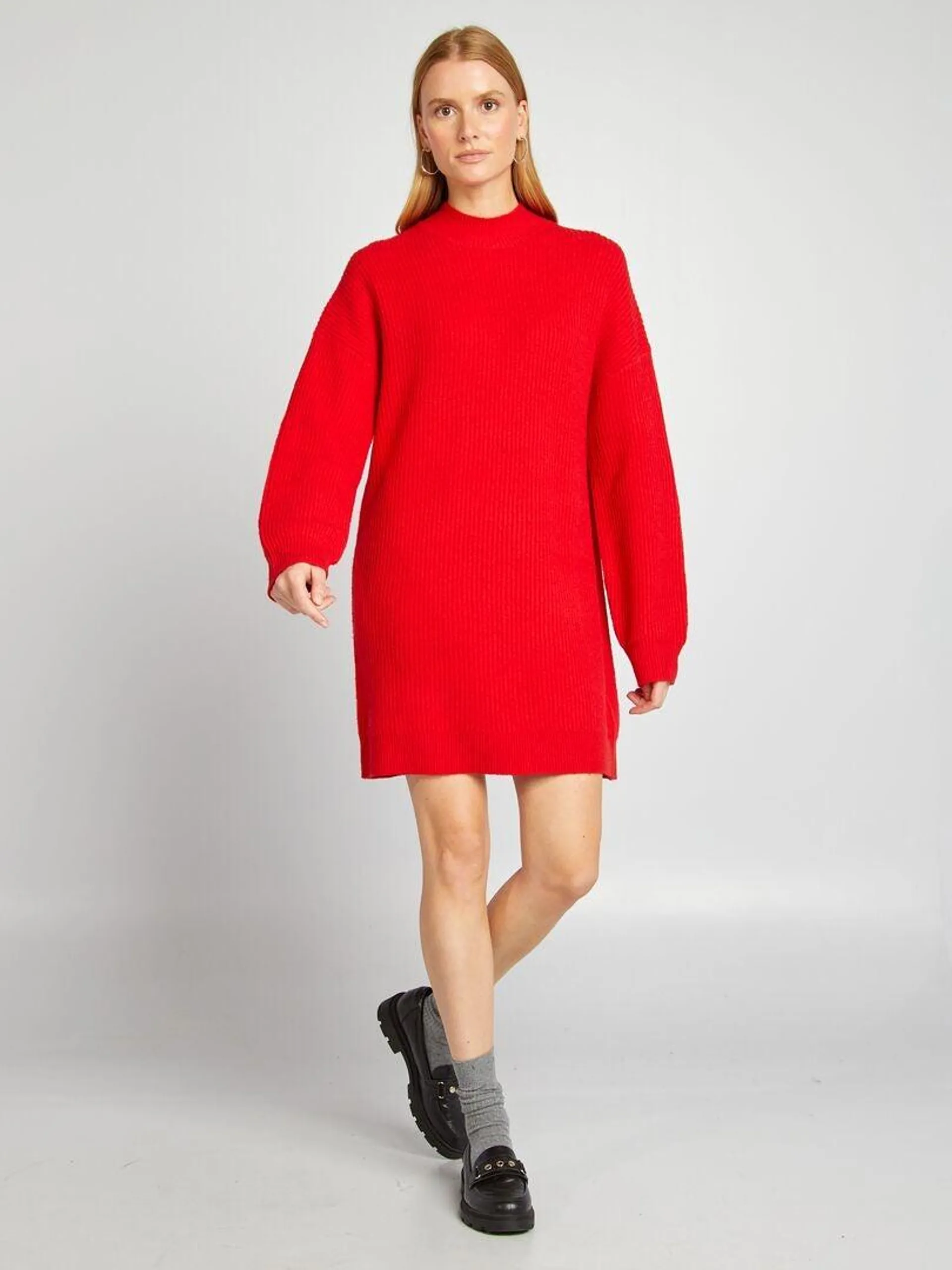 Robe pull en maille et col ras du cou - Rouge