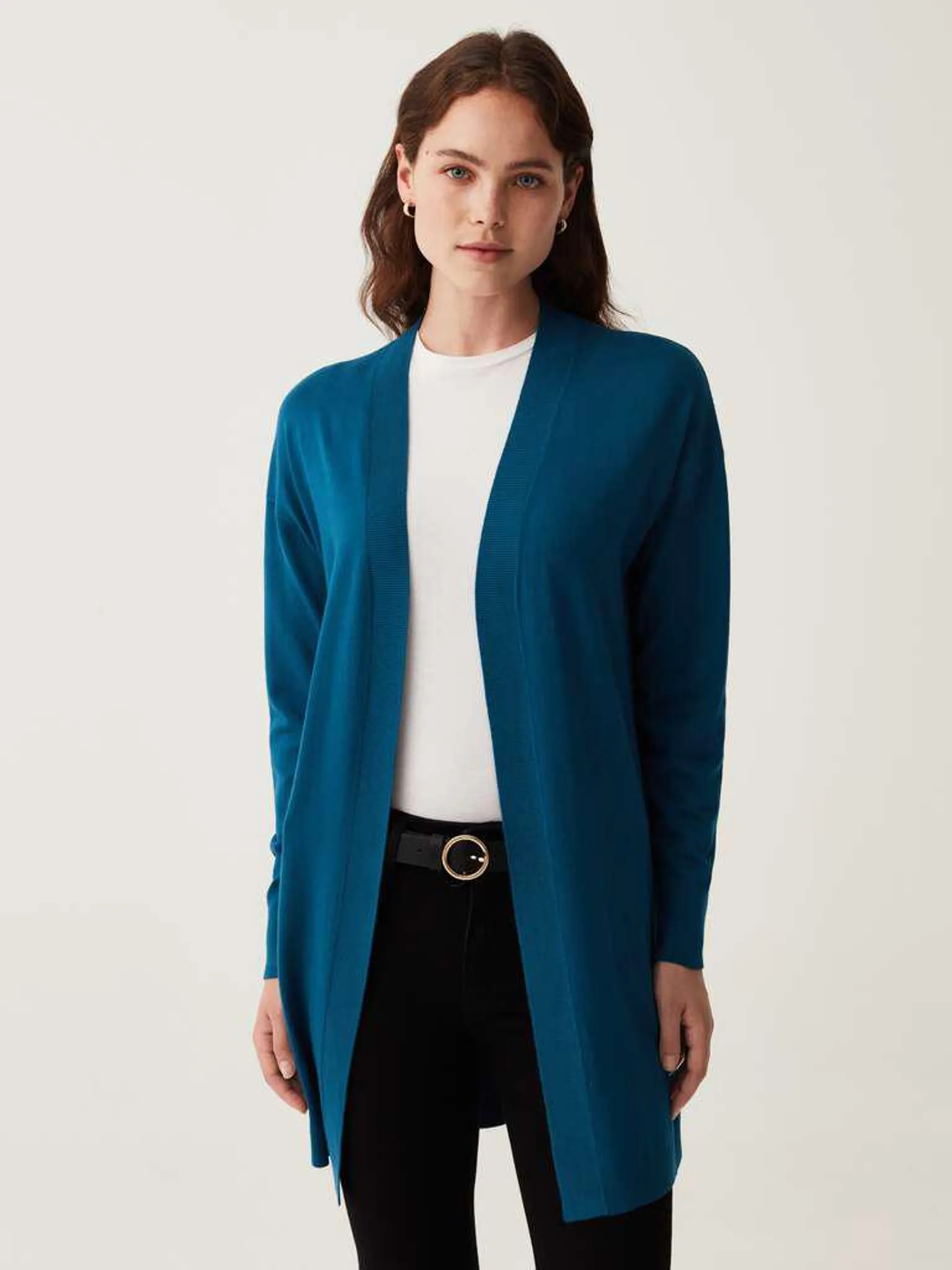 Petrol Blue Long open cardigan with splits