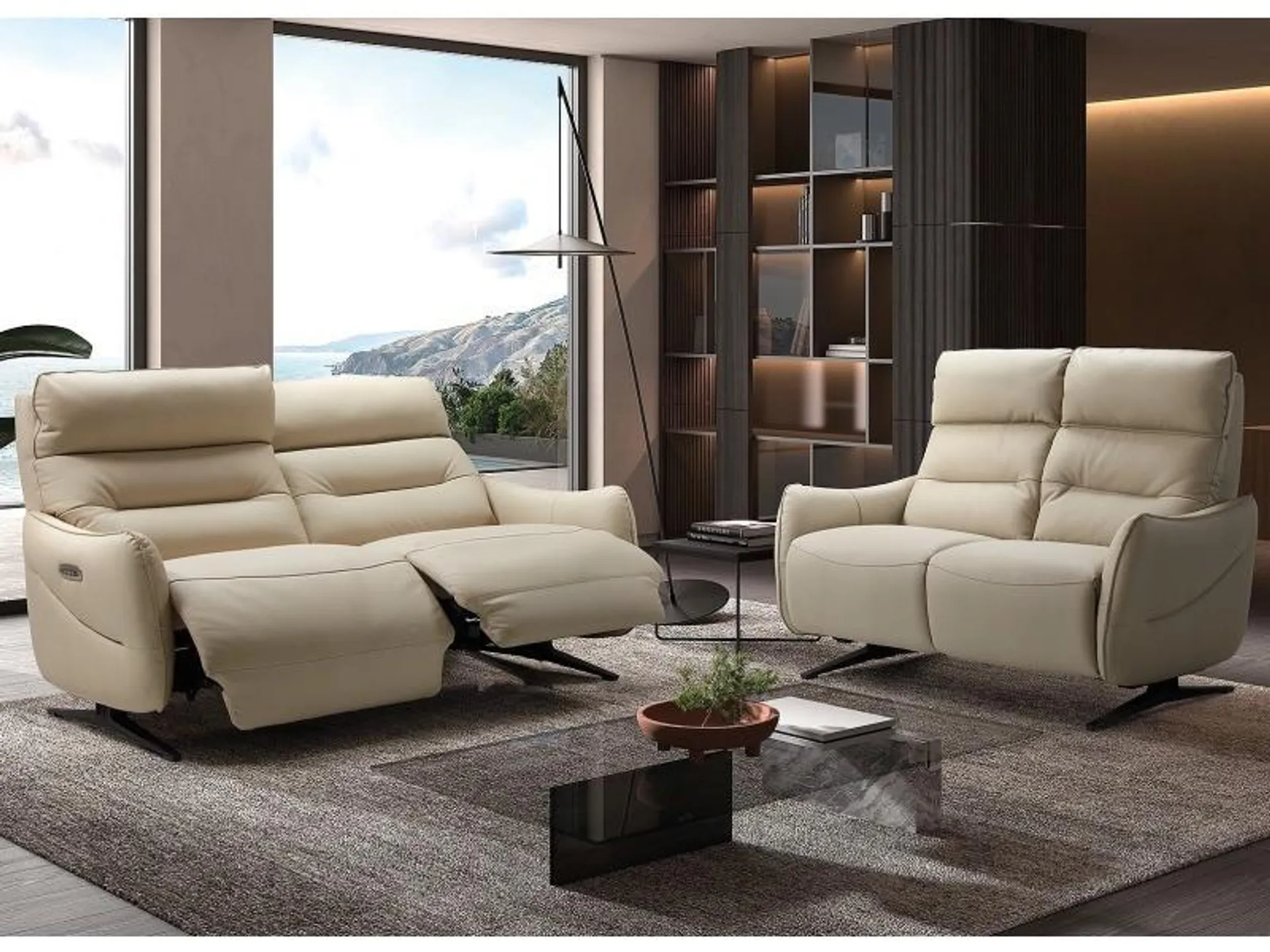 Canapé de relaxation en cuir kondonia-couleur beige clair-système electrique-nombre de place(s) fauteuil