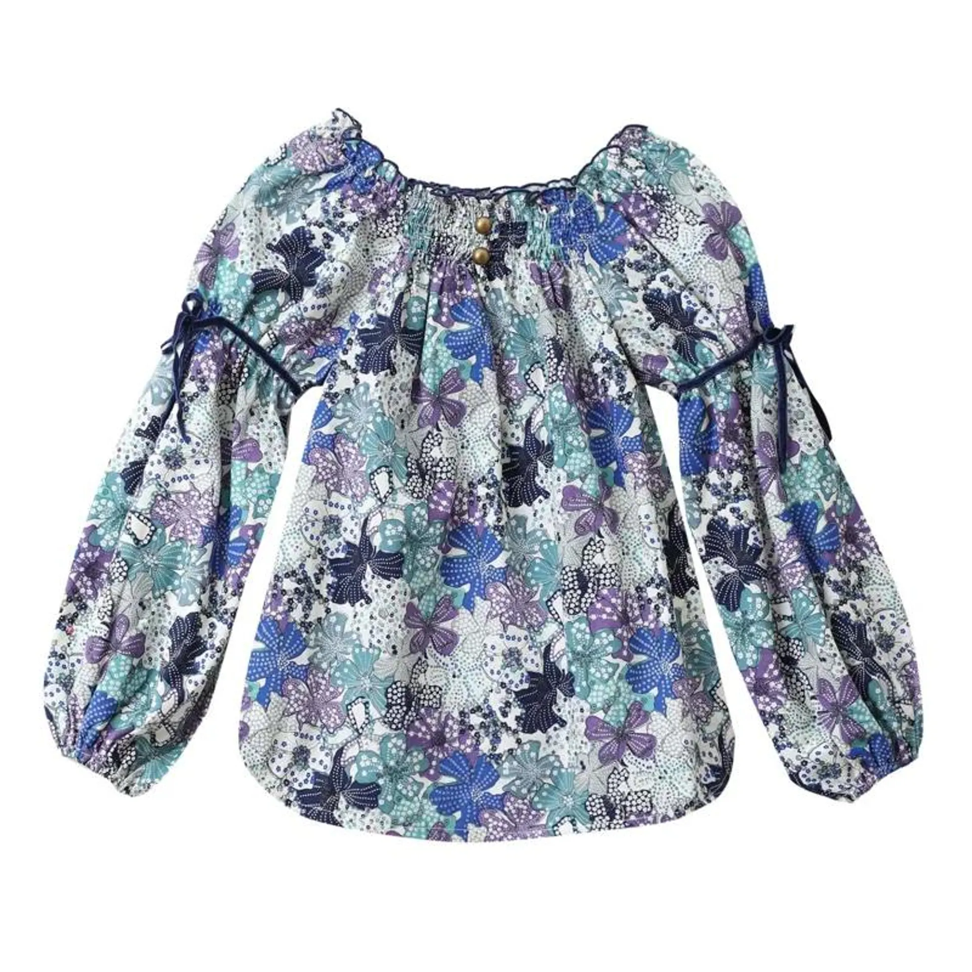 Blouse fleurie fille liberty bleu lilas col smocks Chimene, La Faute à Voltaire