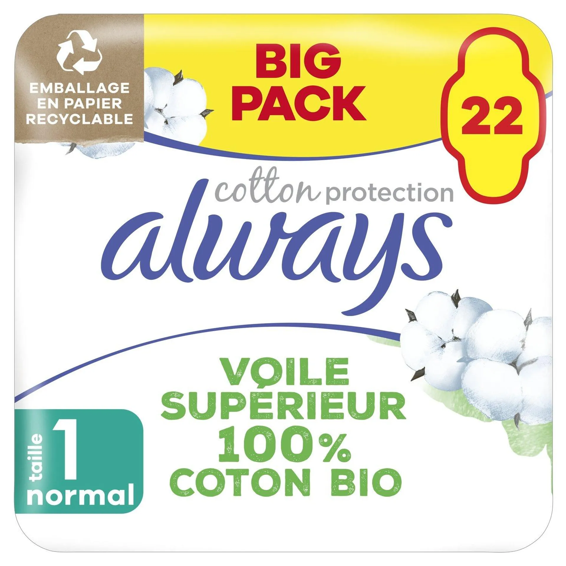 Serviette Hygiénique avec Ailettes Coton Bio Protection Ultra Normal Taille 1 ALWAYS