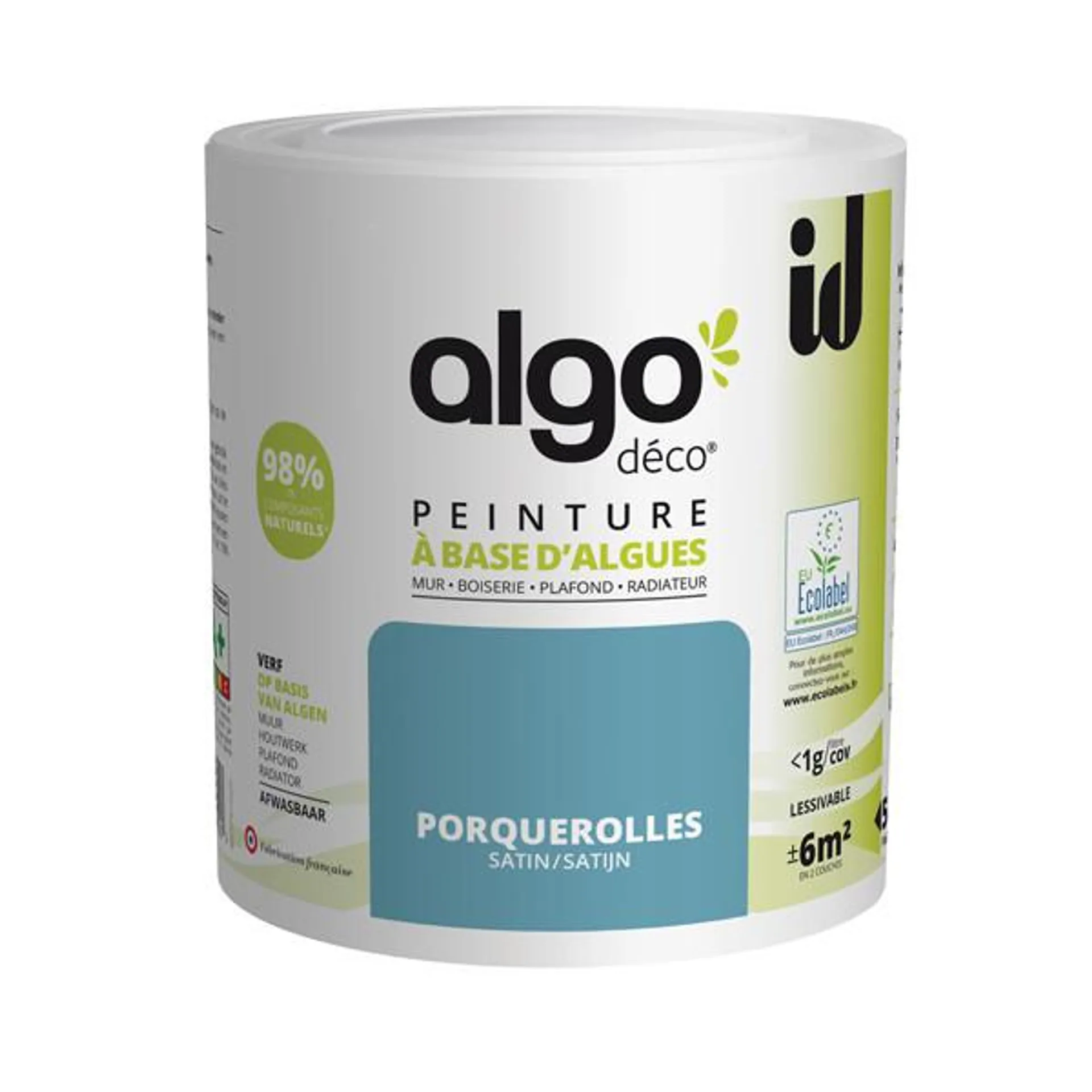 Peinture Algo bio sourcée multi-supports murs, plafonds et boiseries bleu porquerolles satin 0,5L