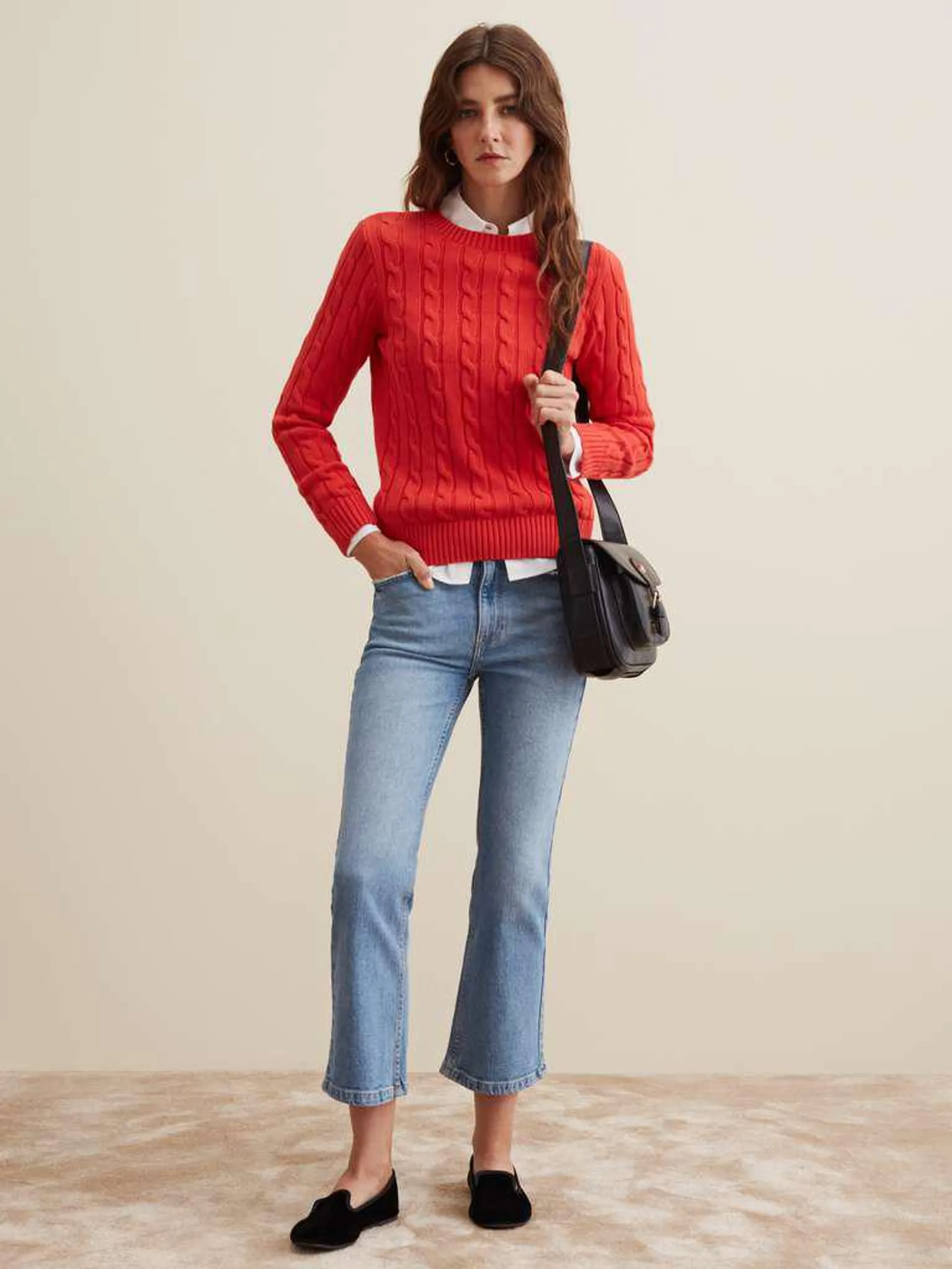 Geranium Red Cable knit crew-neck pullover