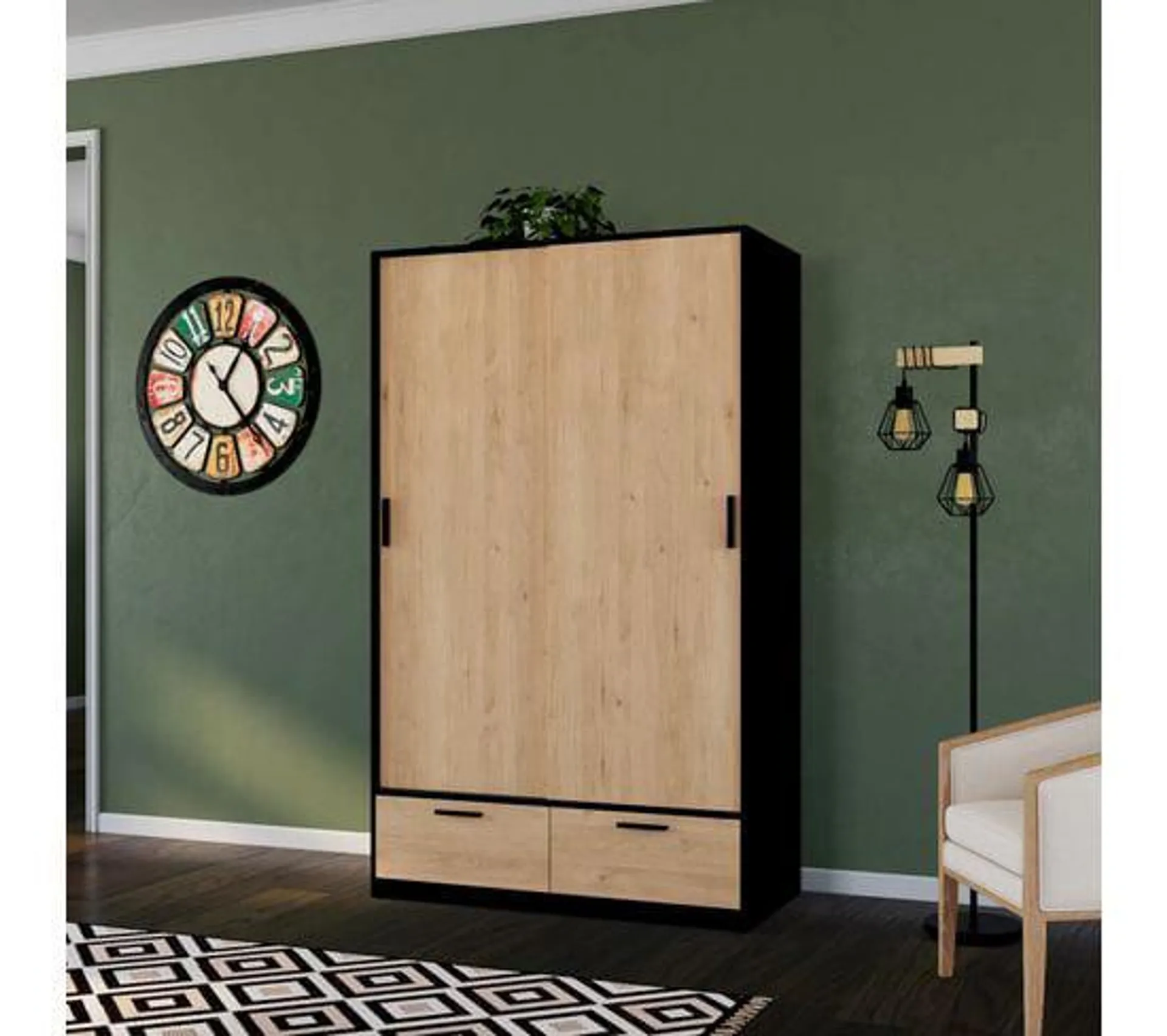 Armoire 2 portes coulissantes DRESS 2 tiroirs chêne/ noir L.121 cm